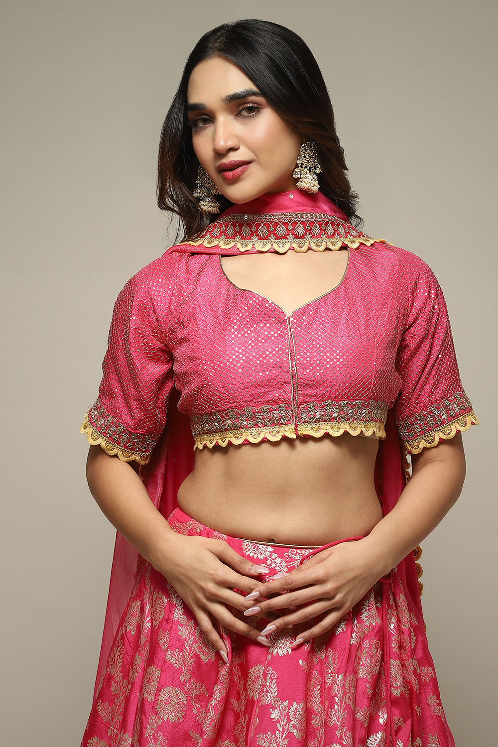 Fuchsia Silk Brocade Straight Embroidered Kurta Lehenga Set image number 1