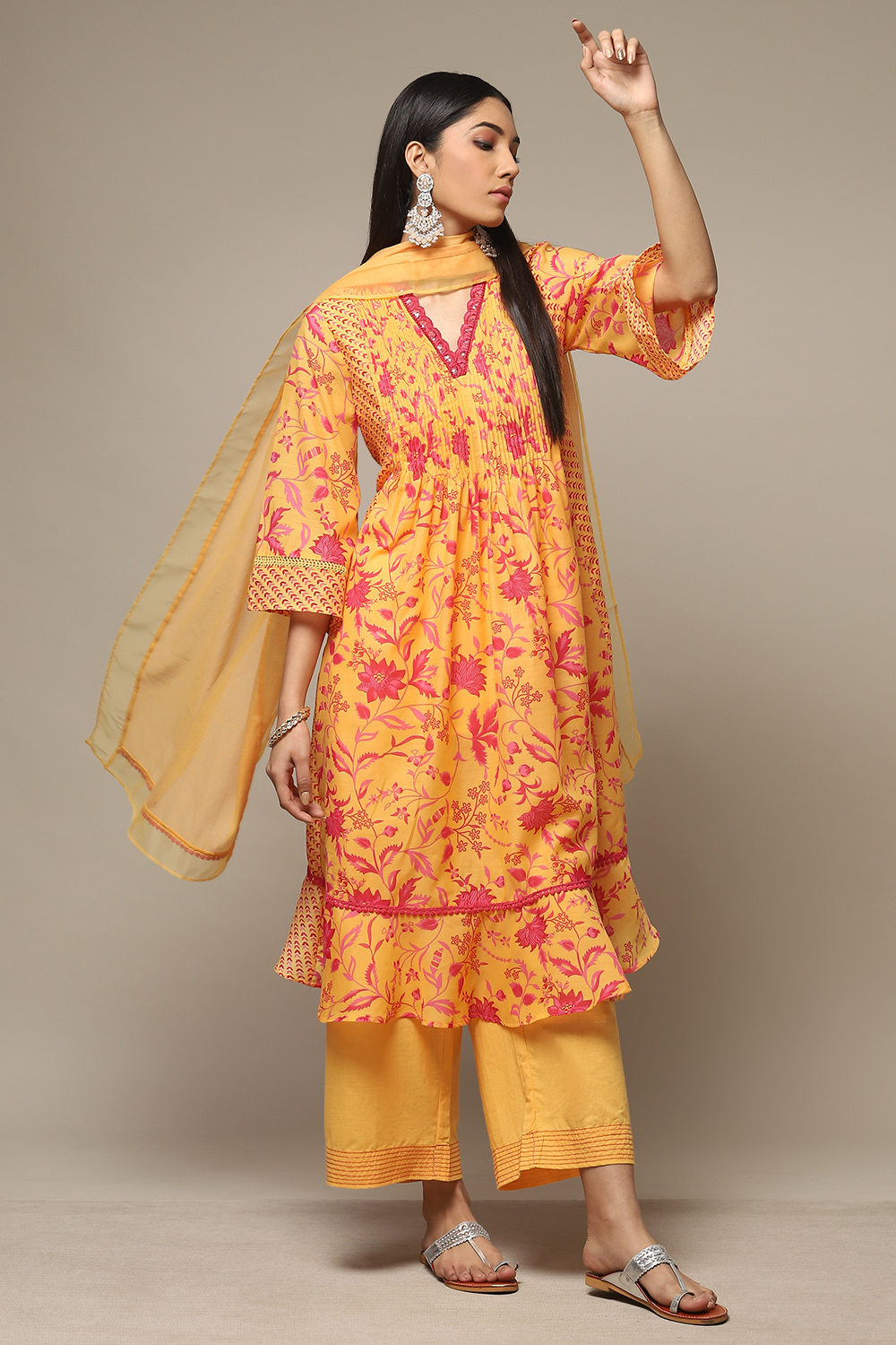 Mango Cotton Blend Gathered Kurta Palazzo Suit Set image number 0