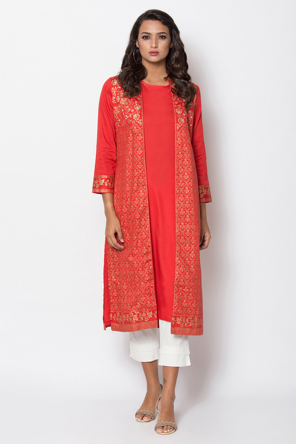 Red Cotton Front Open Printed Kurta image number 0