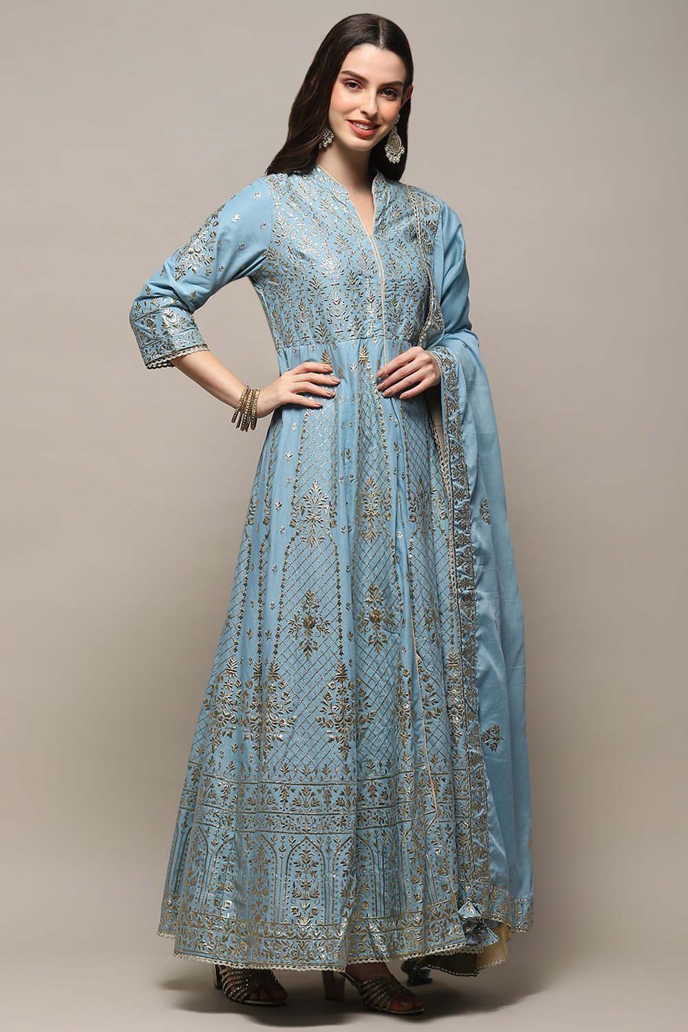 Pastel Blue Cotton Anarkali Kurta Sharara Suit Set image number 6