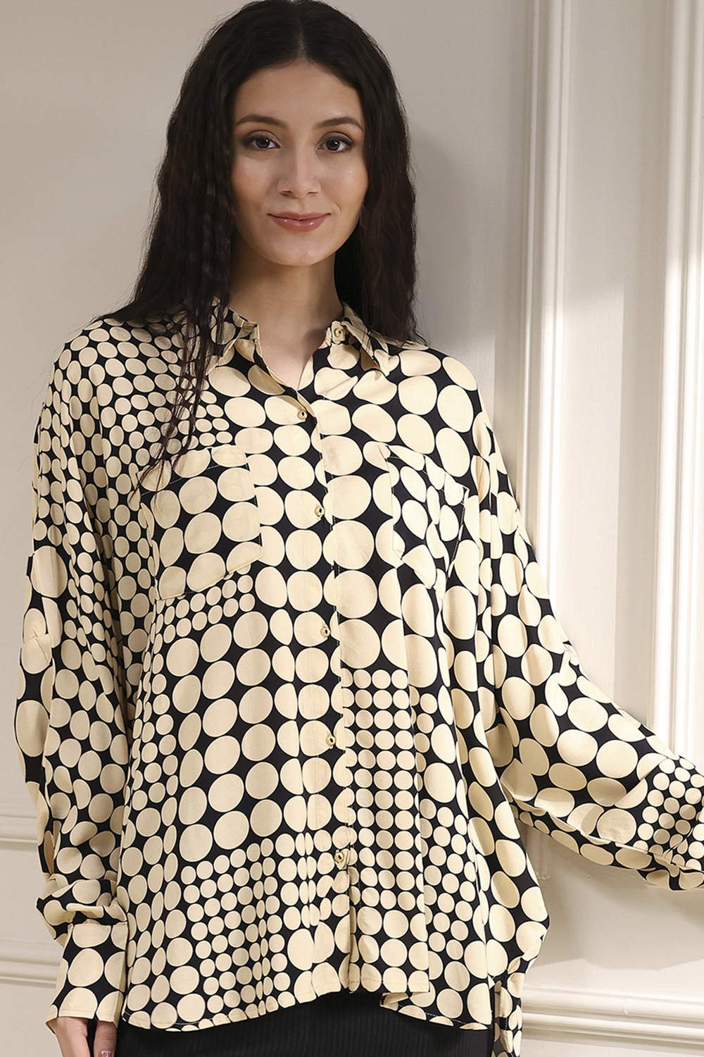 Ivory Viscose Asymmetric Printed Top image number 1
