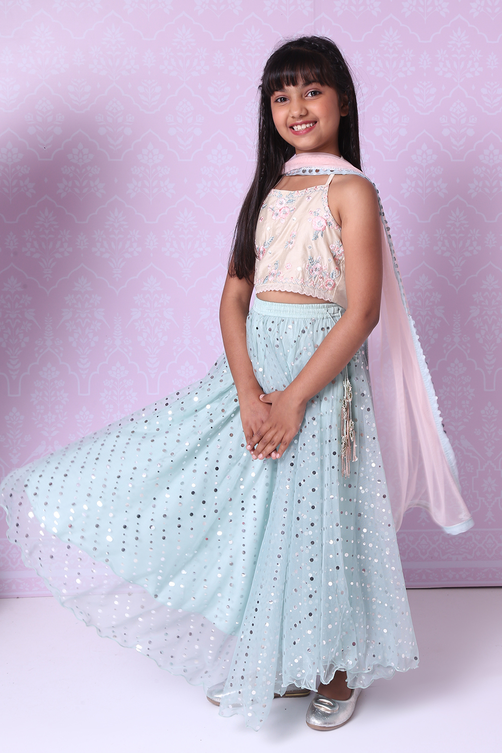 Cream And Turquoise Poly Cotton Lehenga Set image number 5