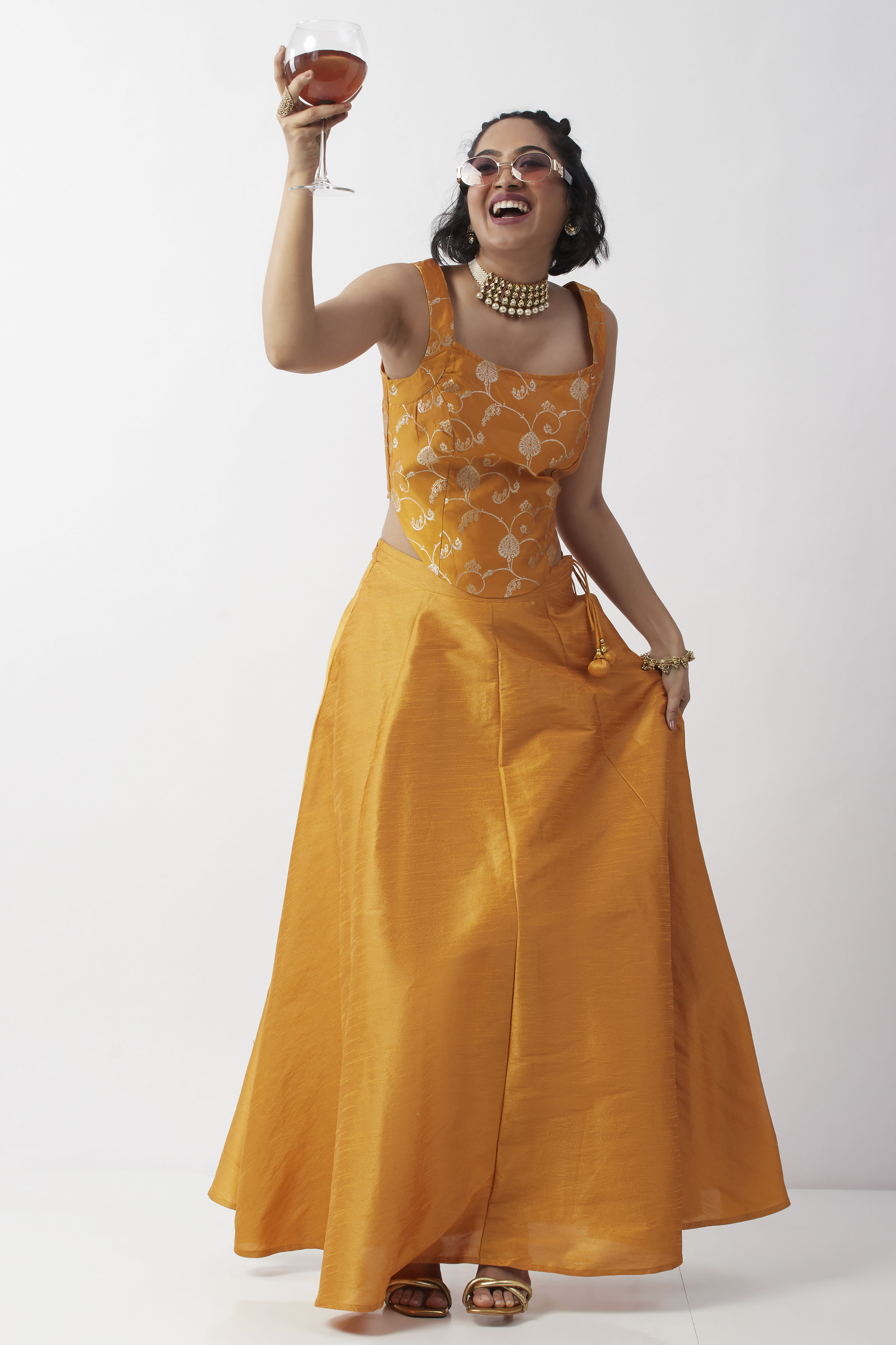 Mustard Poly Dupion Solid Flared Maxi Skirt image number 0
