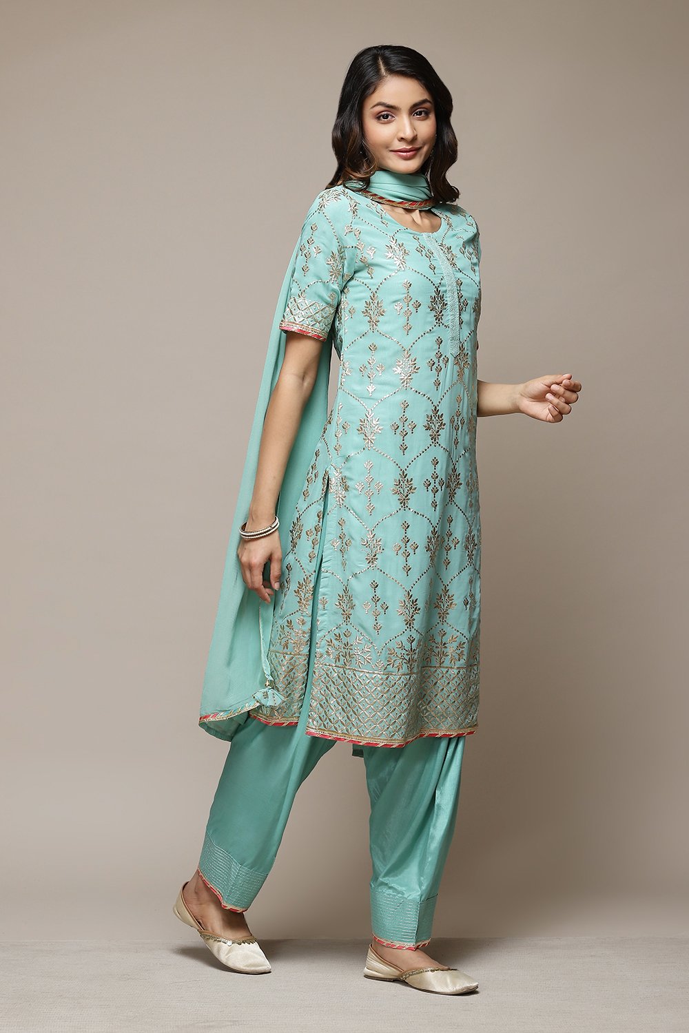 Turquoise Silk Straight Kurta Salwar Suit Set