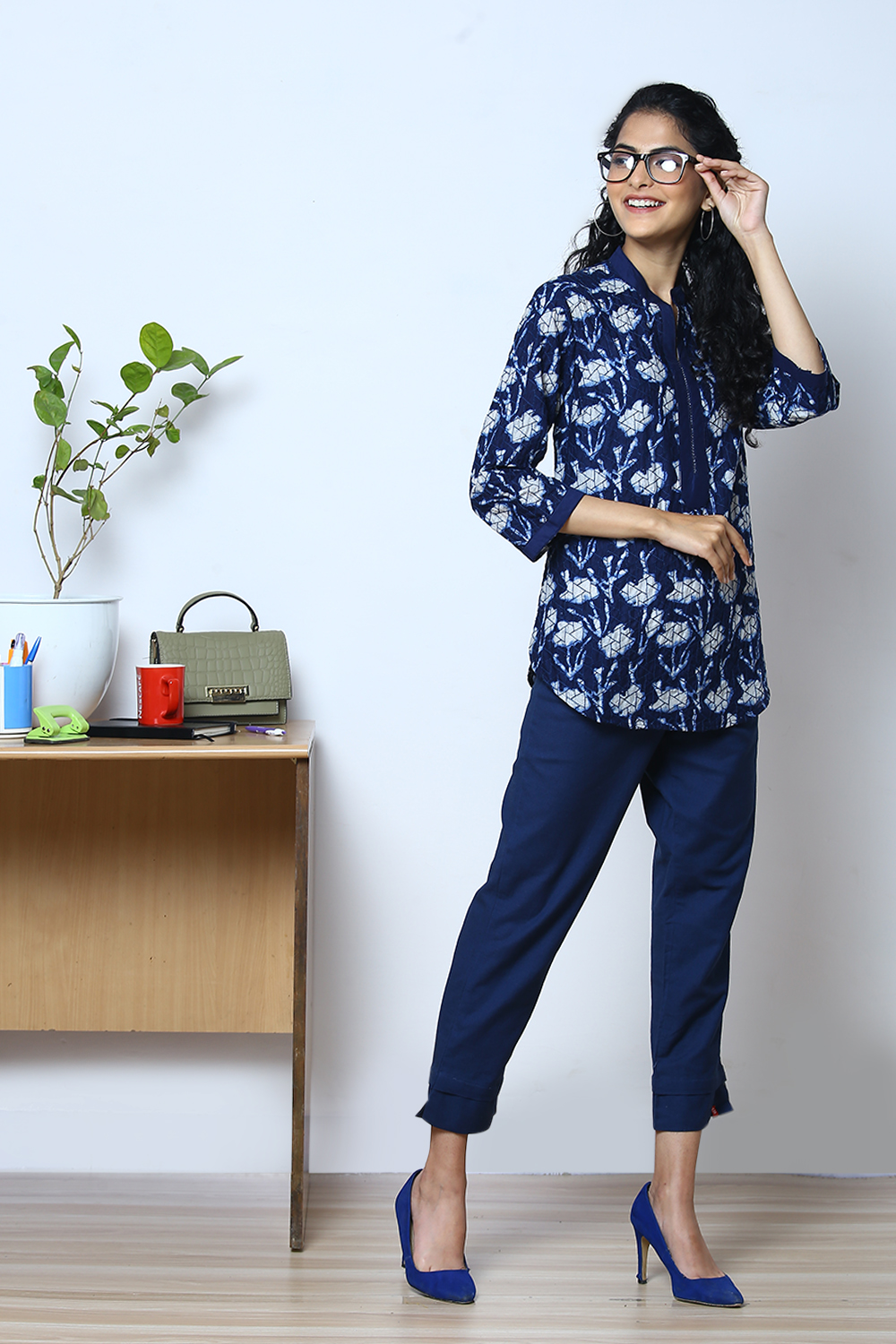 Indigo Cotton Shirt Printed Kurti image number 2