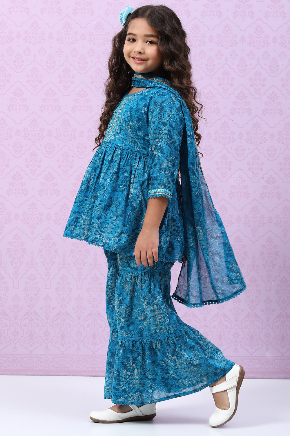 Teal Blue Cotton Flared Kurta Garara Suit Set image number 6