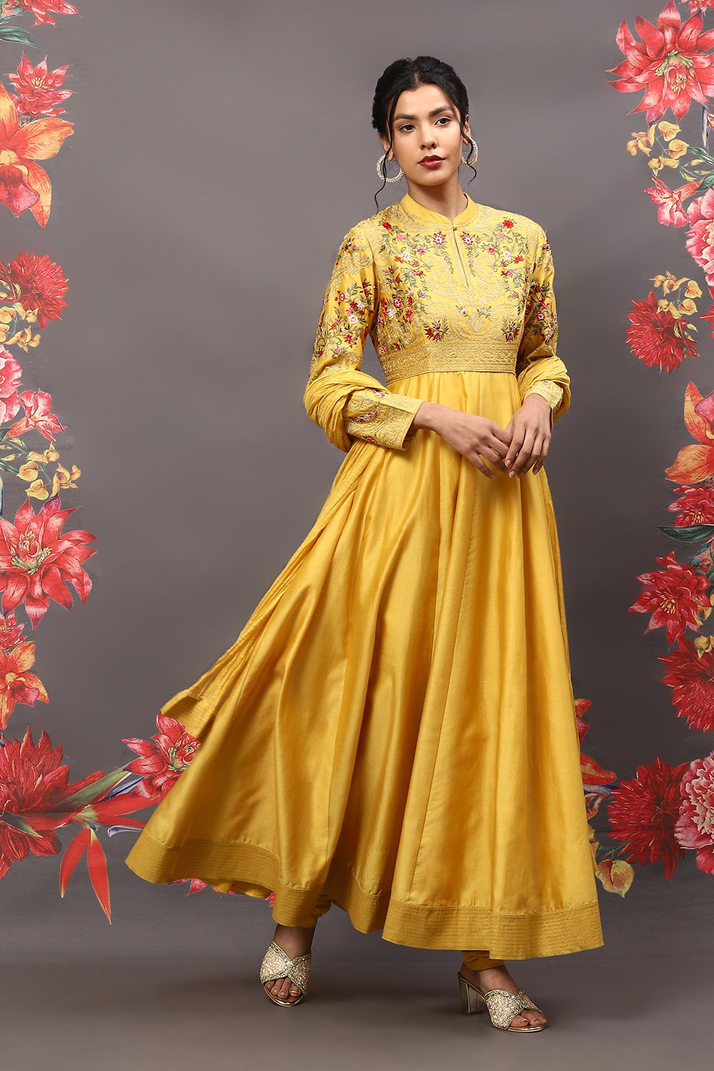 Rohit Bal Mustard Cotton Blend Anarkali Kurta Suit Set image number 6