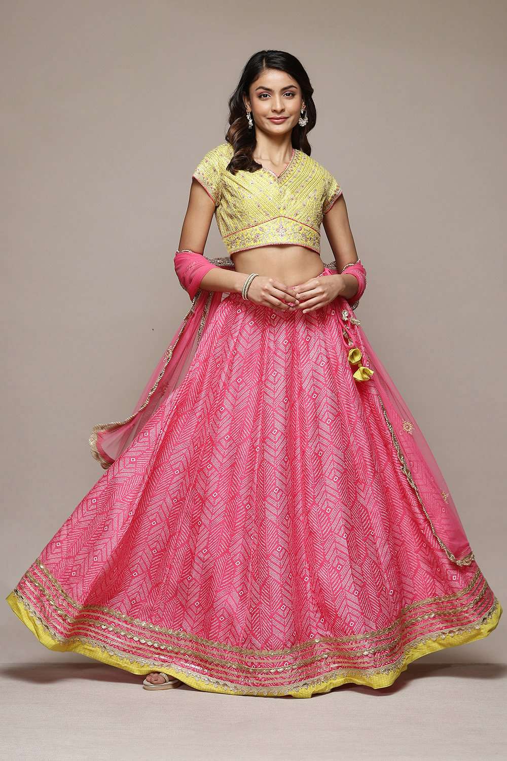 Fuschia & Lime Green Cotton Blend Lehenga Set image number 0