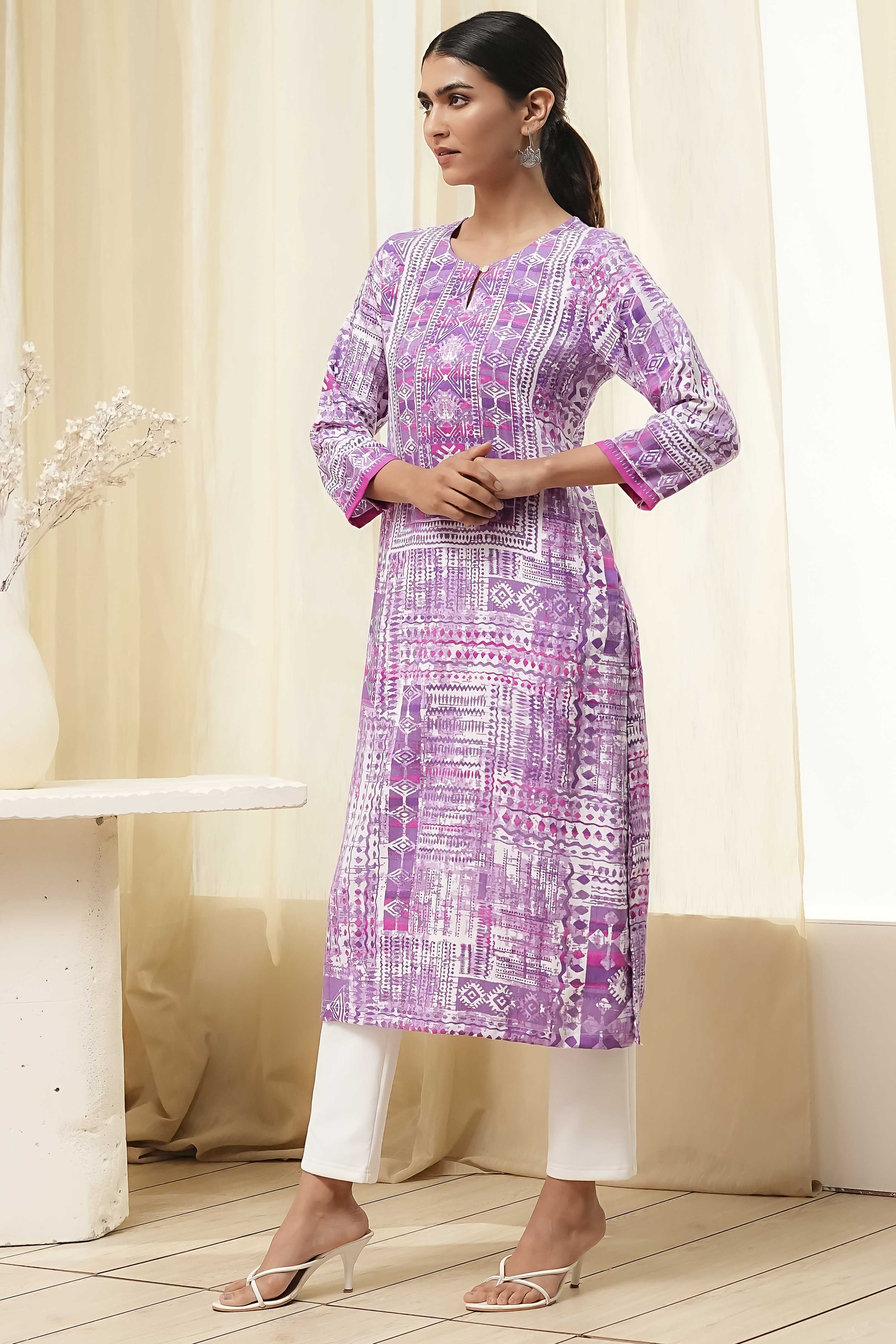 Lavender Printed Straight Kurta image number 2