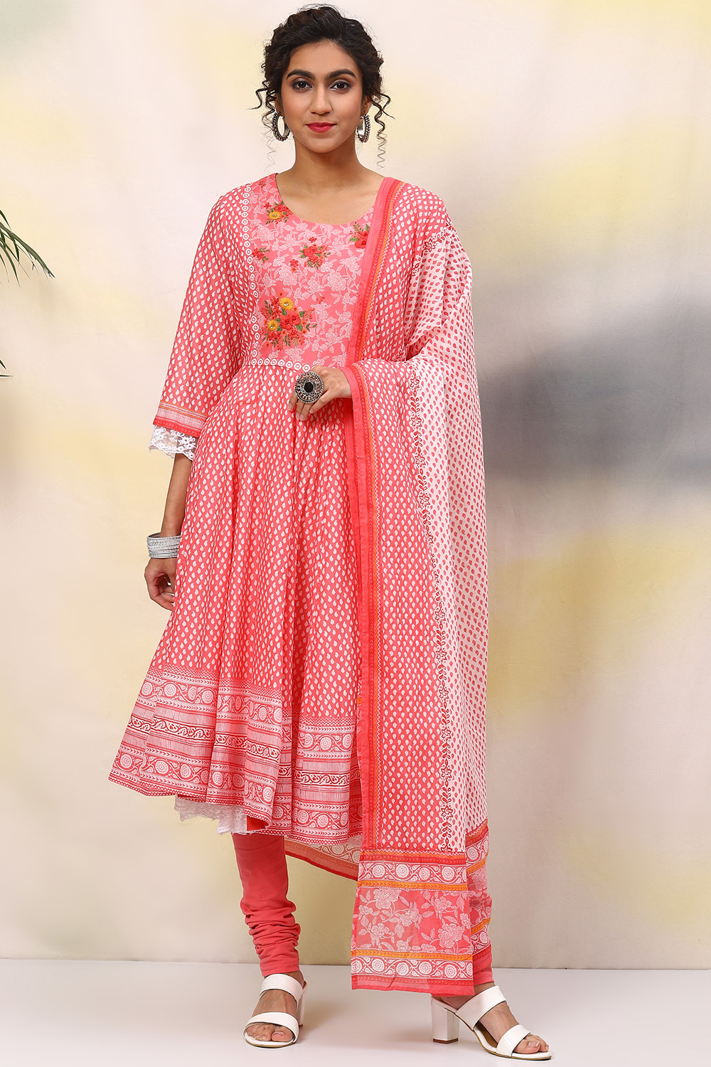Coral Red Cotton Anarkali Kurta Churidar Suit Set image number 0