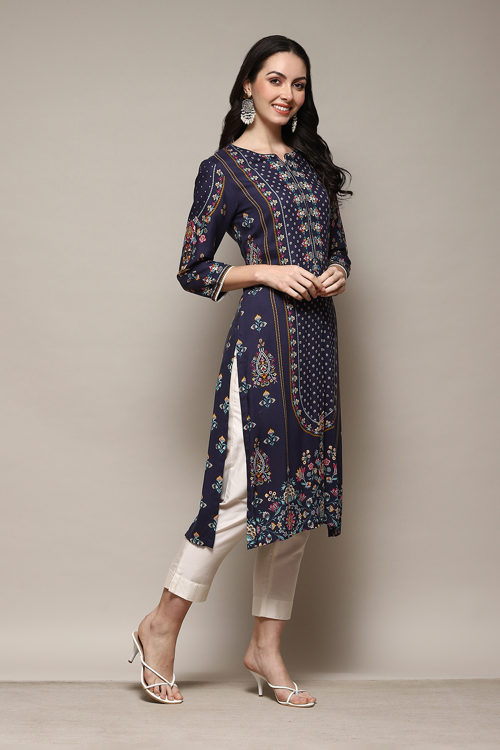 Navy LIVA Straight Printed Kurta Kurta at Biba India