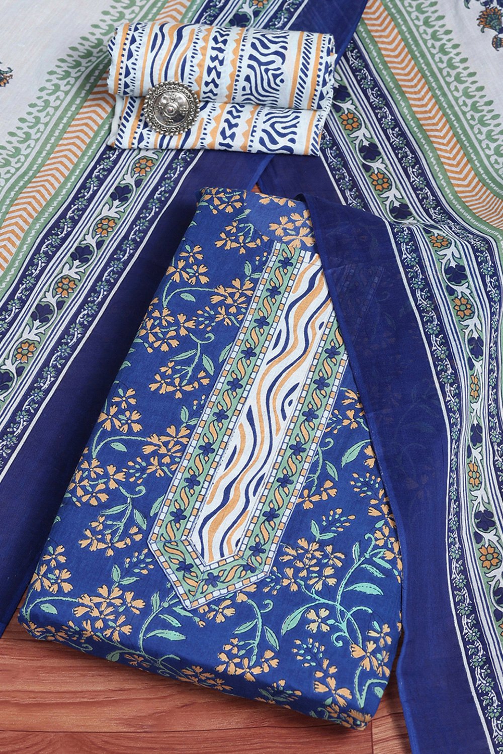Royal Blue Cotton Screen Print Unstitched Suit Set image number 0
