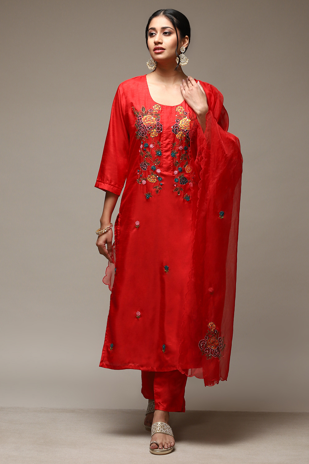 Red Silk Blend Hand Embroidered Unstitched Suit Set image number 8
