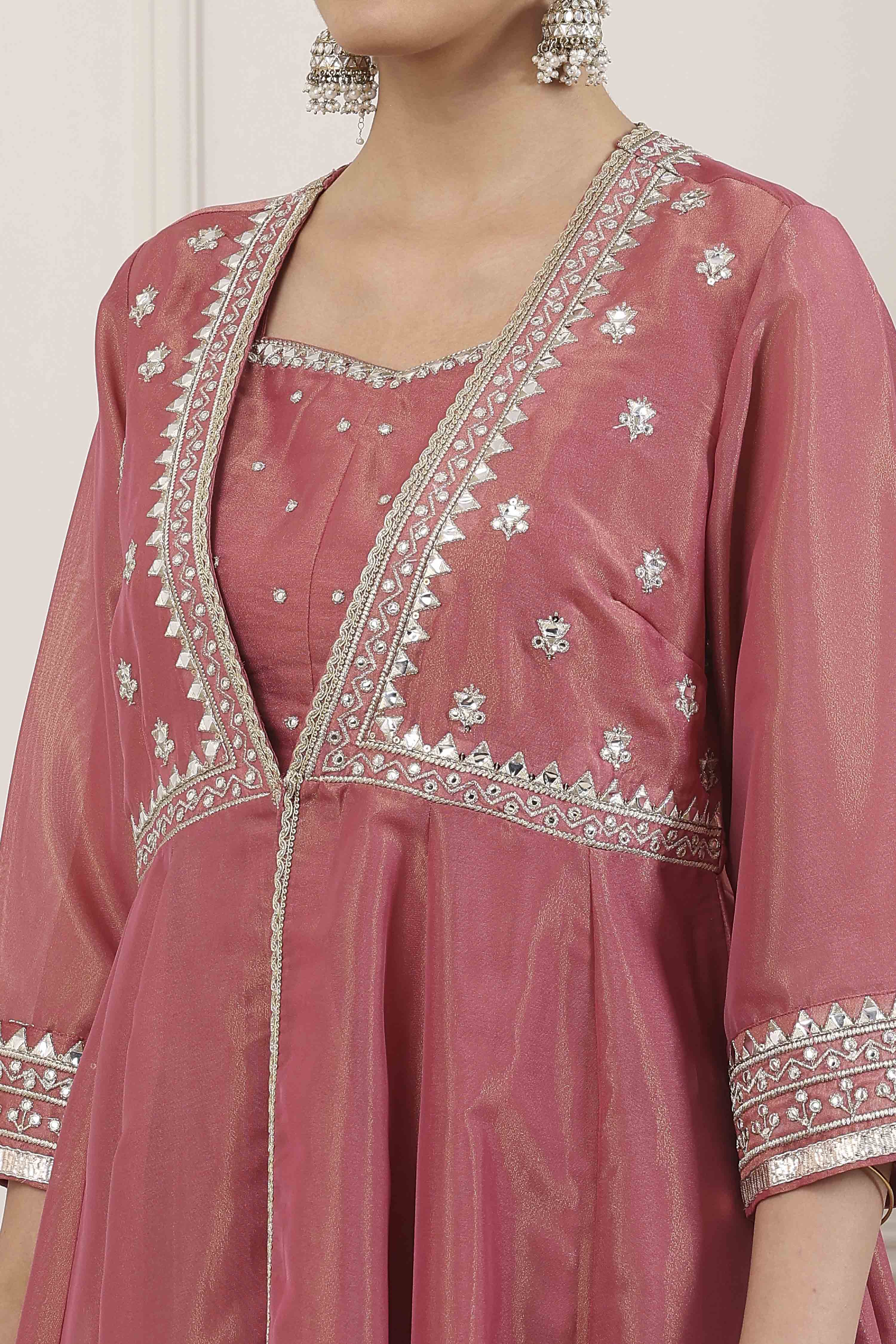 Pink Poly Tissue Anarkali Suit Set image number 1