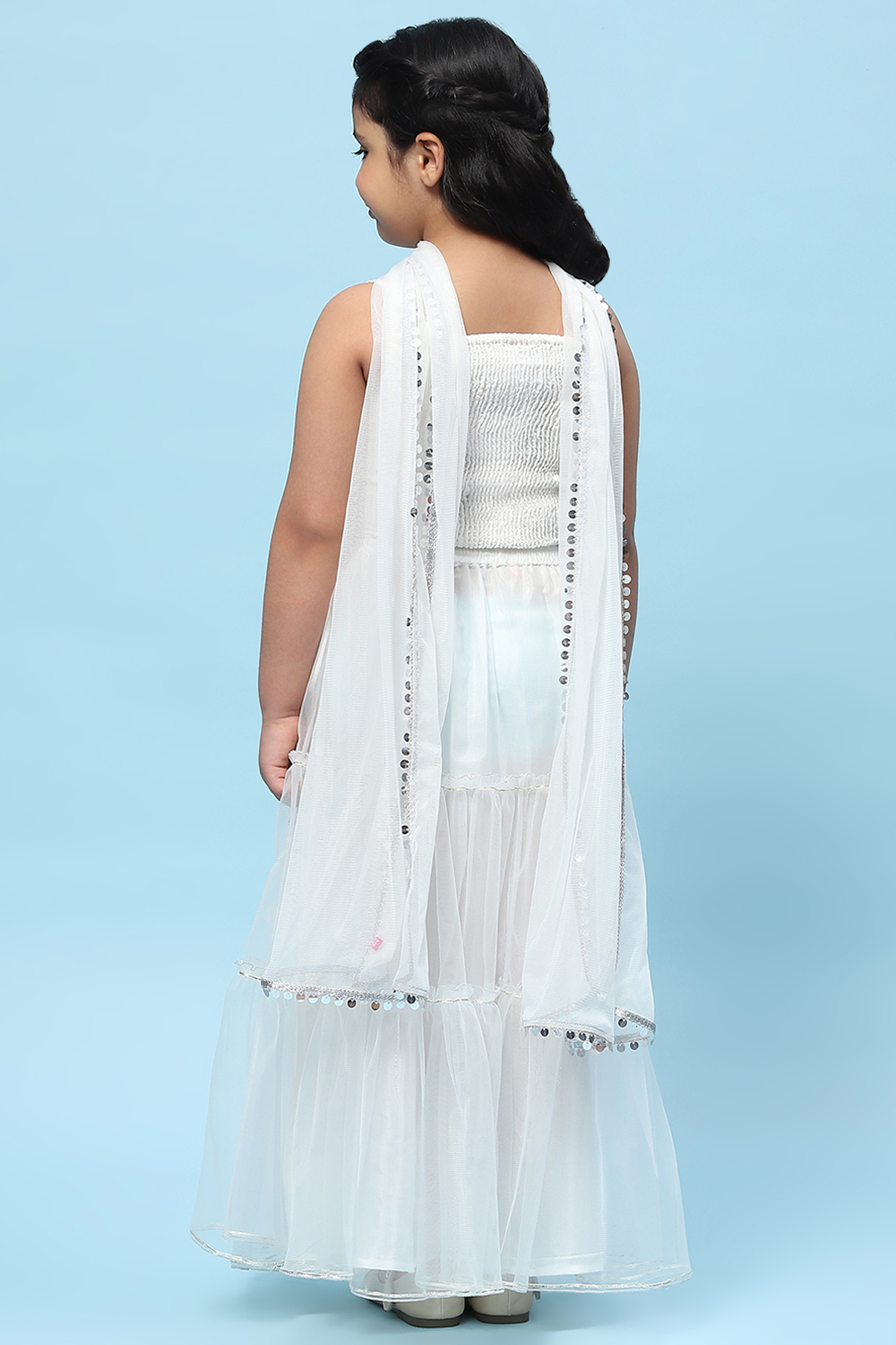White Poly Chanderi Mirror Work Tiered Lehenga Set image number 5