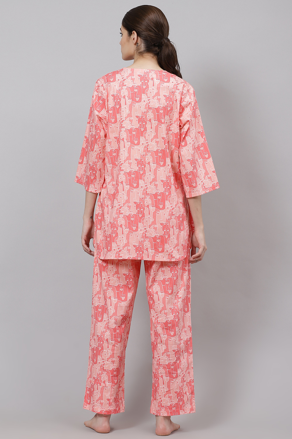 Pink Straight Cotton Three Piece Printed Sleepwear Set image number 6
