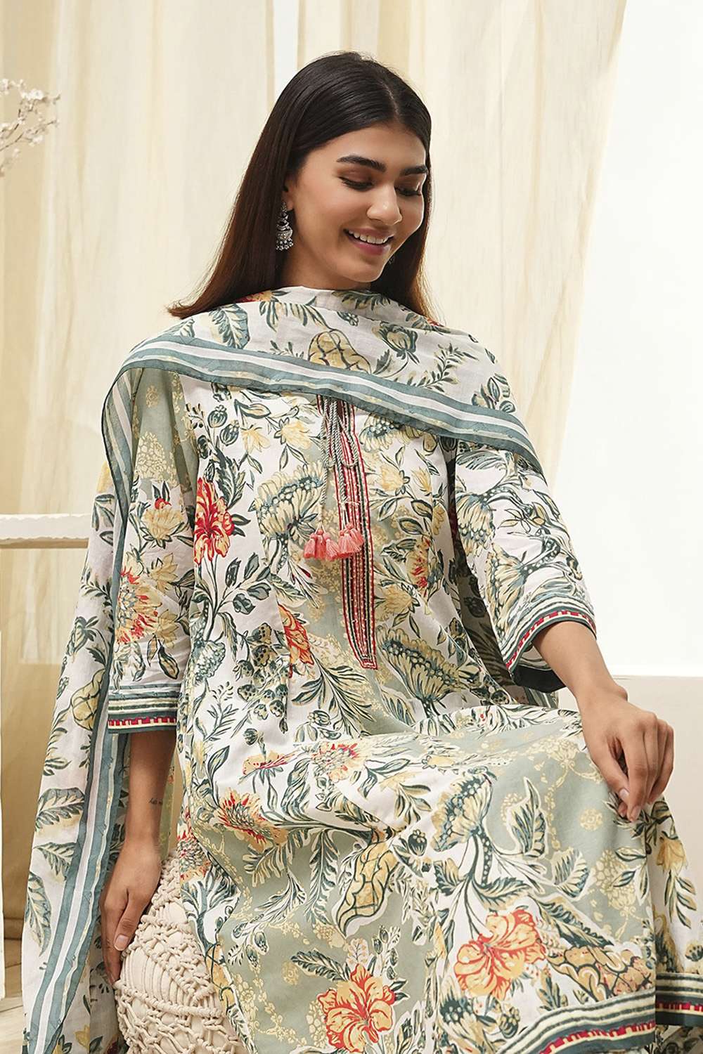 Sage Green Pure Cotton Floral Kalidar Suit Set image number 7