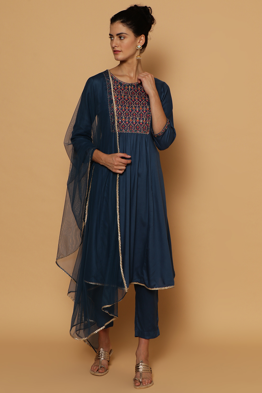 Blue Rayon Kalidar Kurta Slim Pant Suit Set image number 4