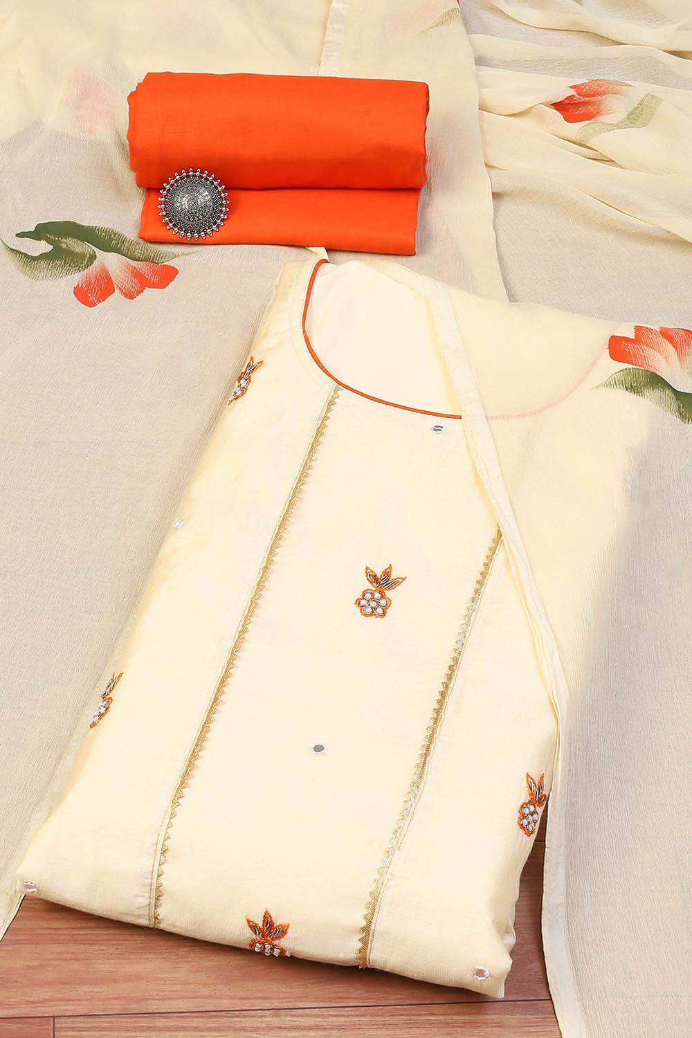 Mustard Chanderi Machine Embroidered Unstitched Suit Set image number 0