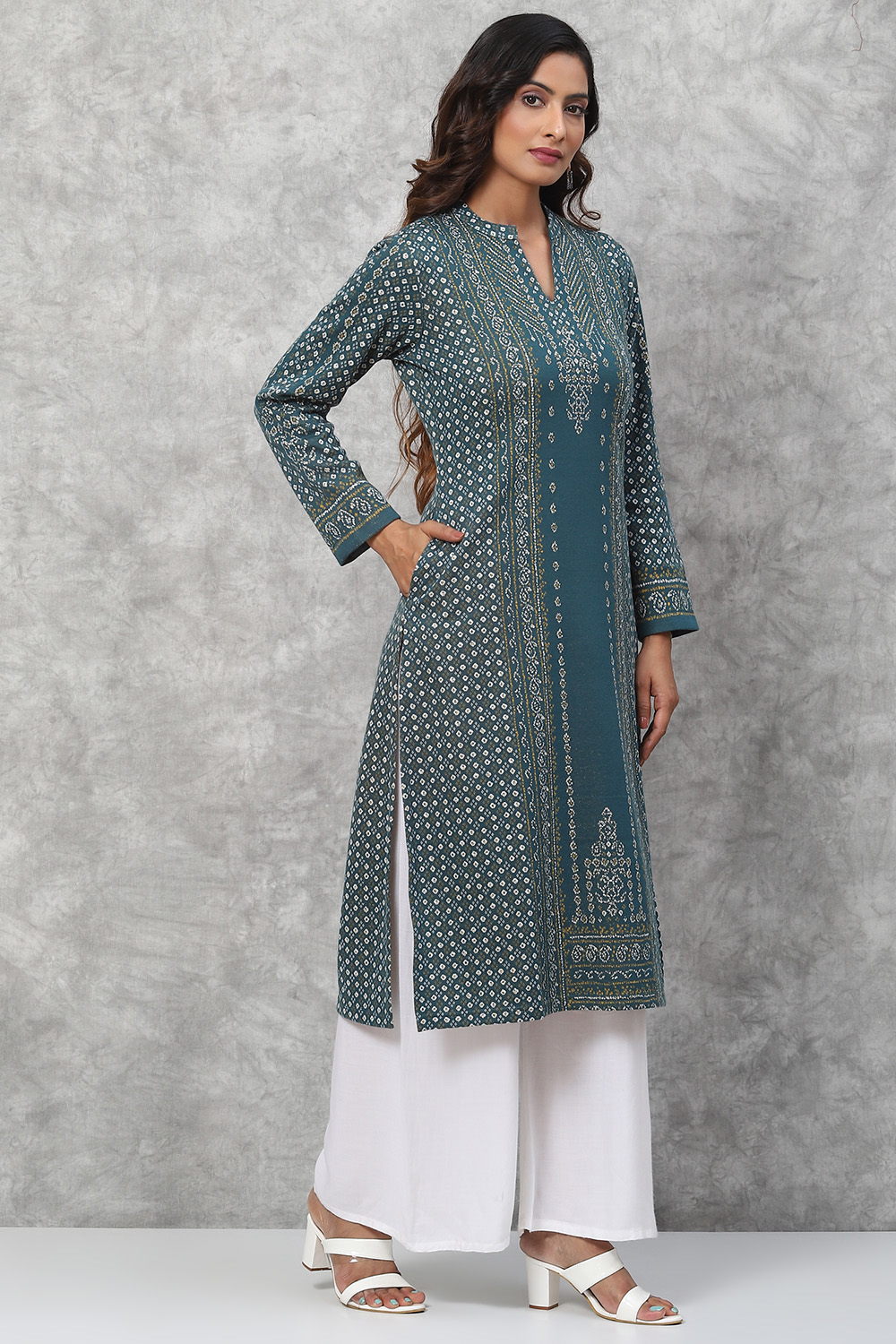 Teal Straight Poly Metallic Kurta image number 2