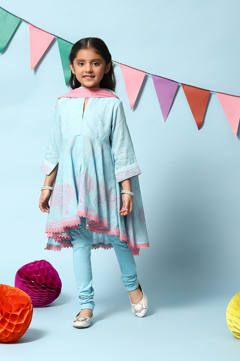 Powder Blue Cotton Asymmetric Kurta Churidar Suit Set image number 5