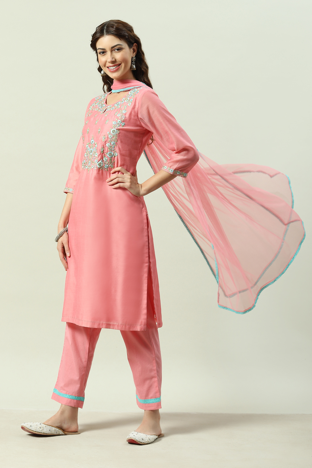 Blush Peach Yarndyed A-Line Kurta Regular Pants Suit Set image number 5