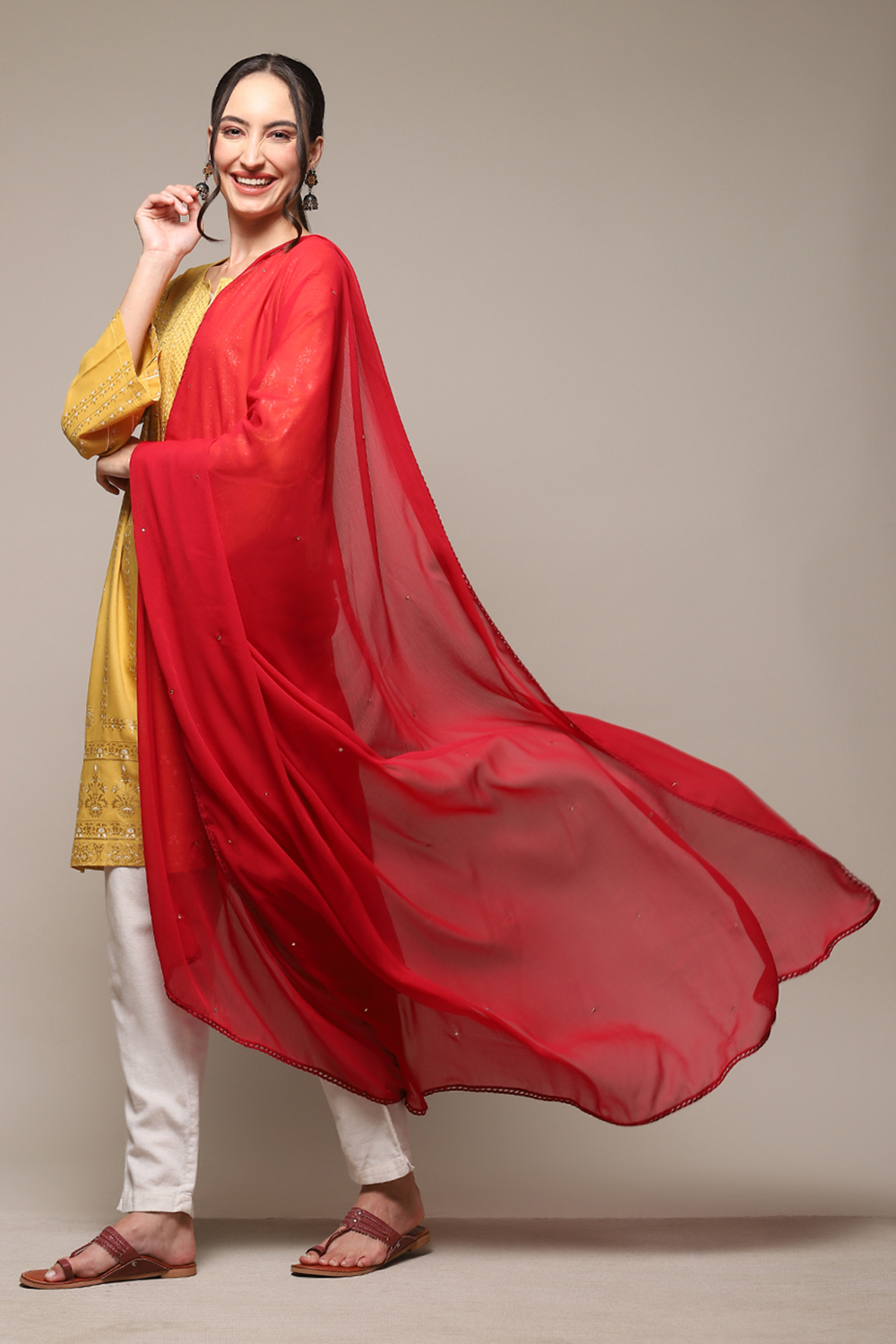 Red Cotton Blend Printed Dupatta image number 0