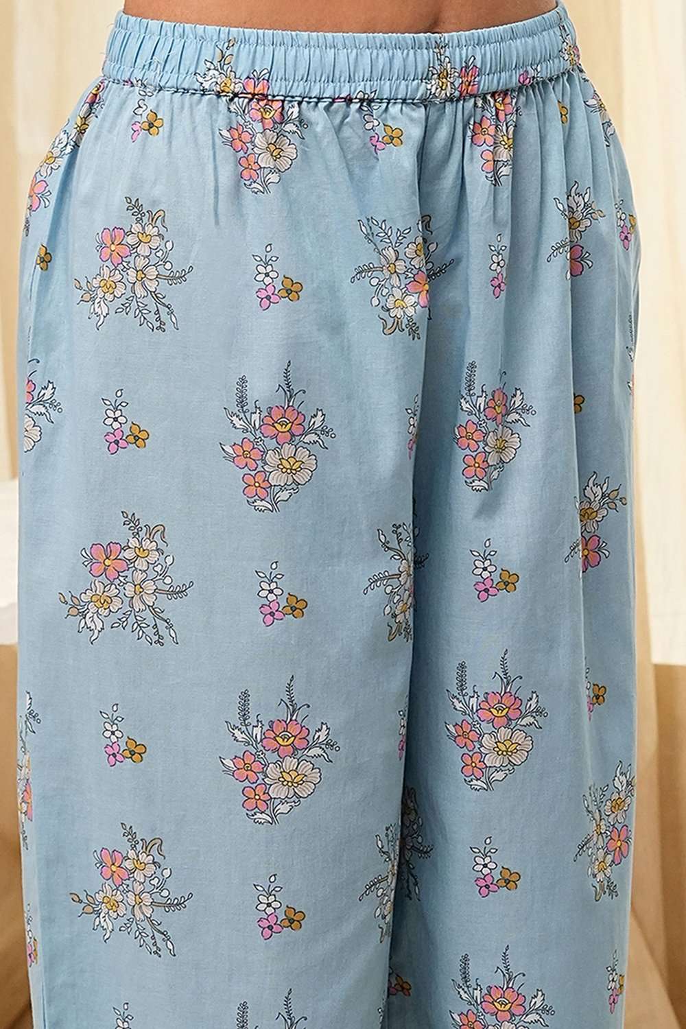 Dull Blue Cotton Flared Printed Kurta Set image number 2