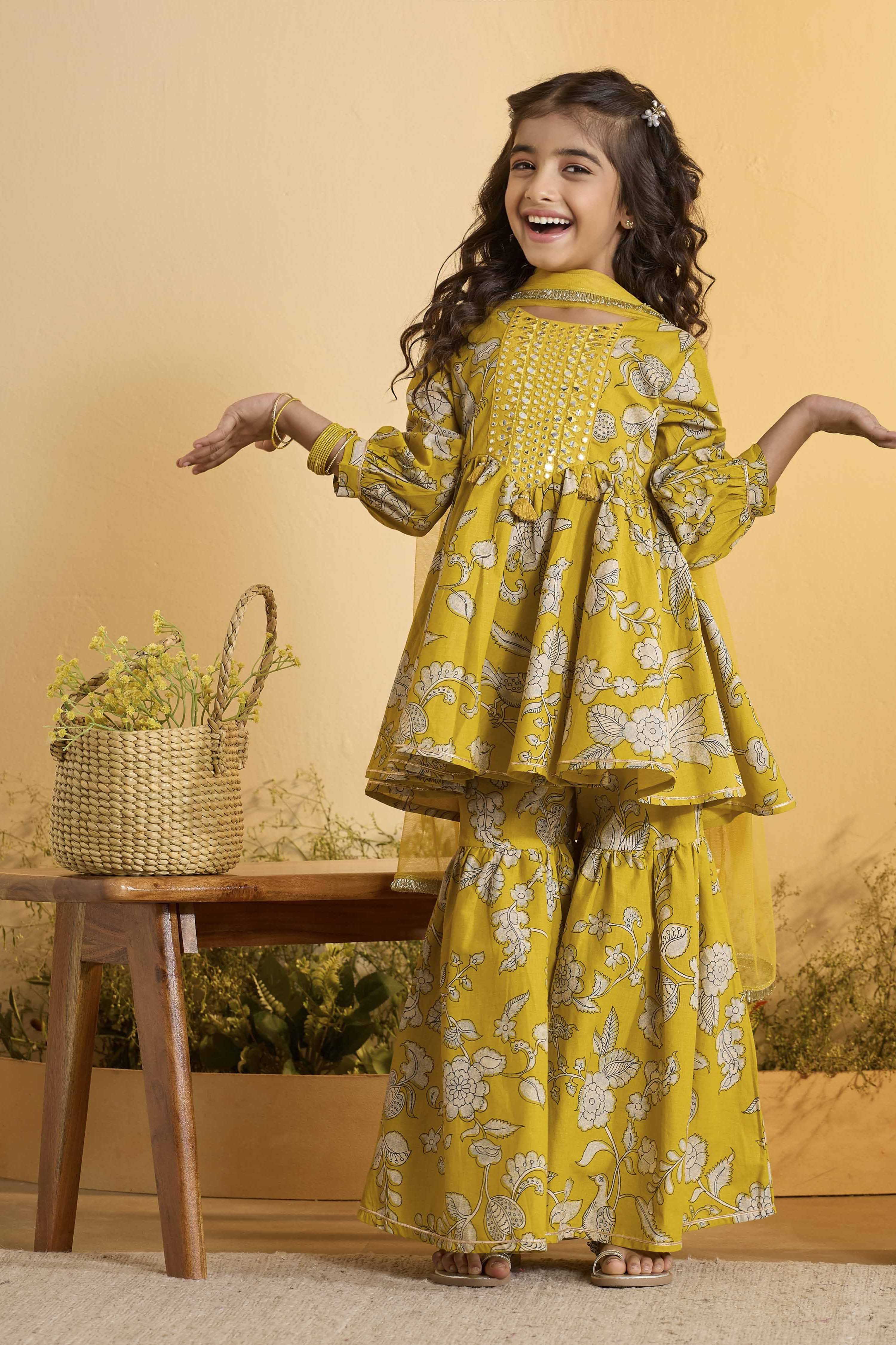 Yellow Cotton Floral Peplum Kurta Set image number 0