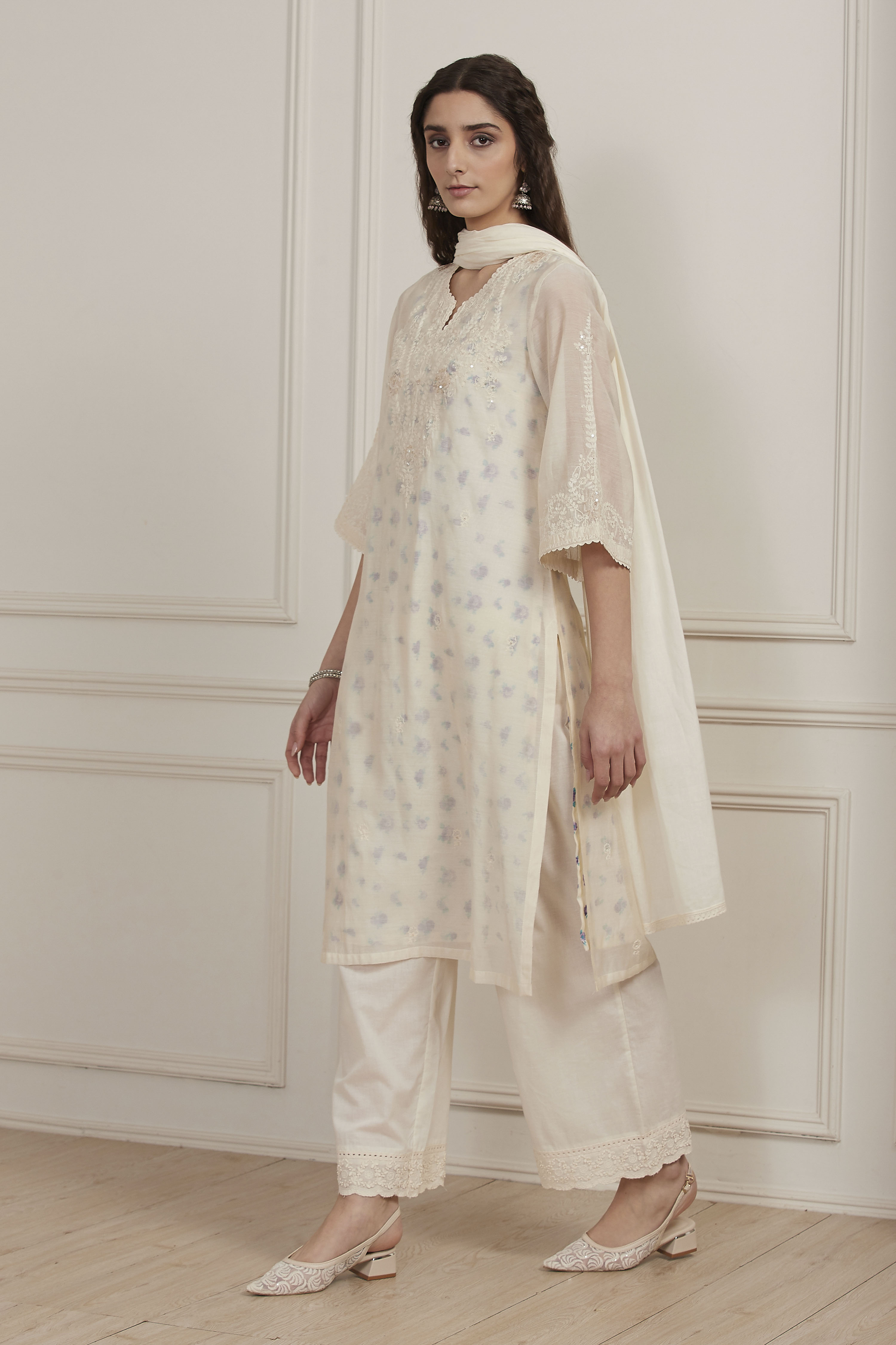 White Poly Chanderi Straight Suit Set image number 3