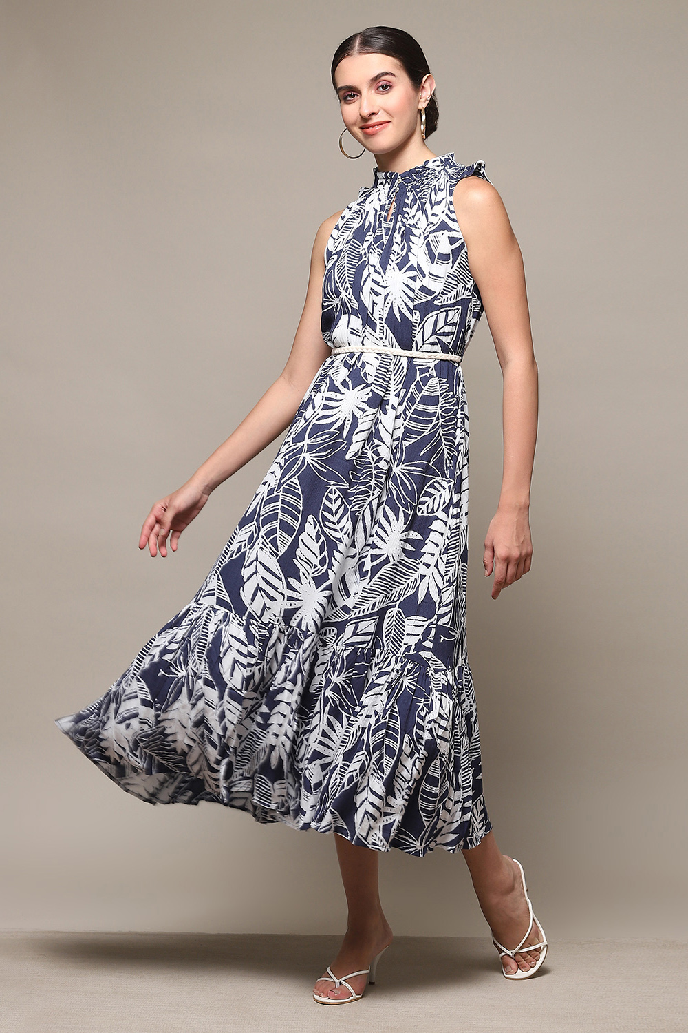 Navy Rayon Tiered Dress with Belt image number 0
