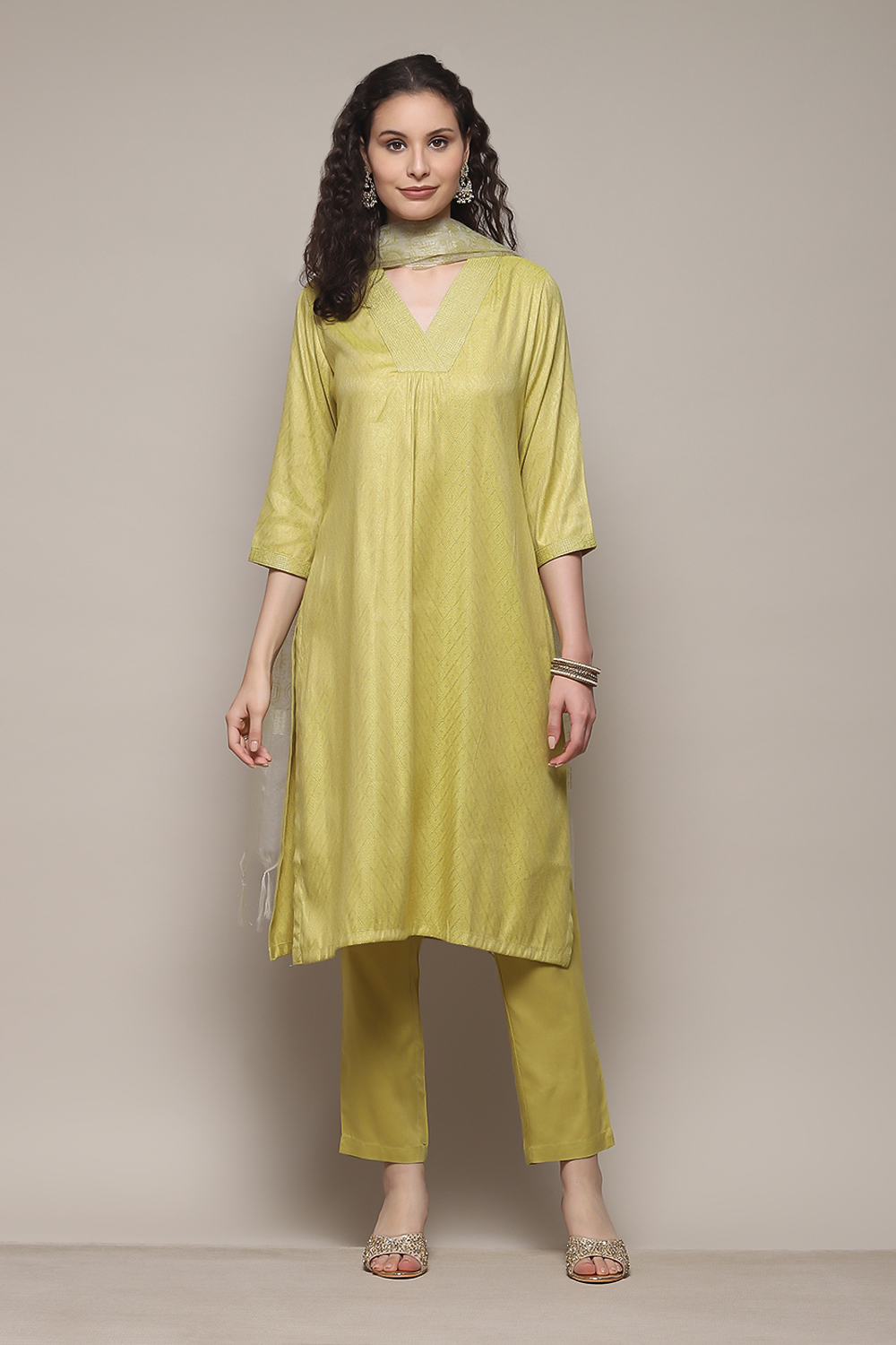 Lime Green LIVA Straight Kurta Pant Suit Set image number 0