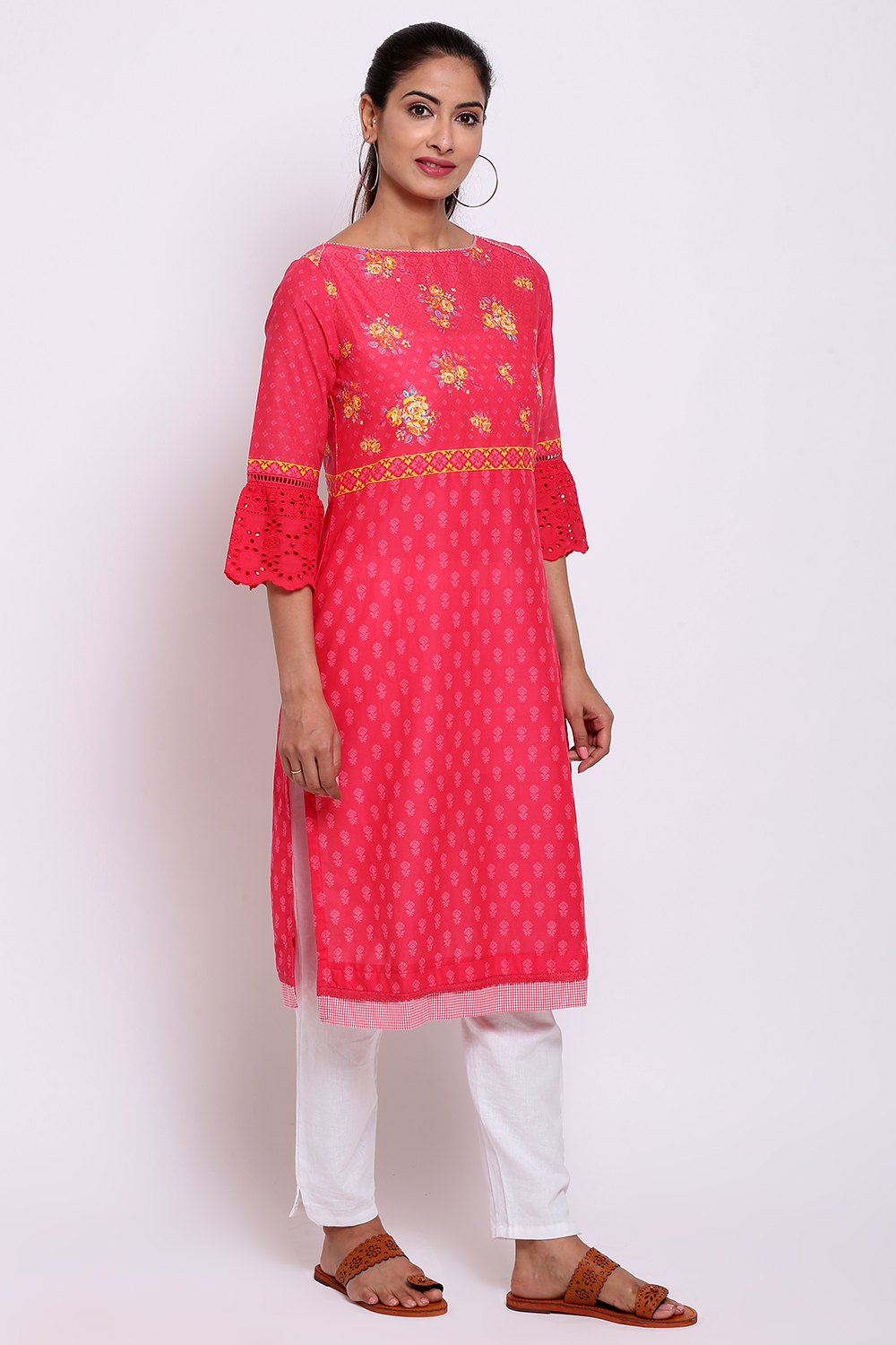 Pink Cotton Straight Printed Kurta image number 4