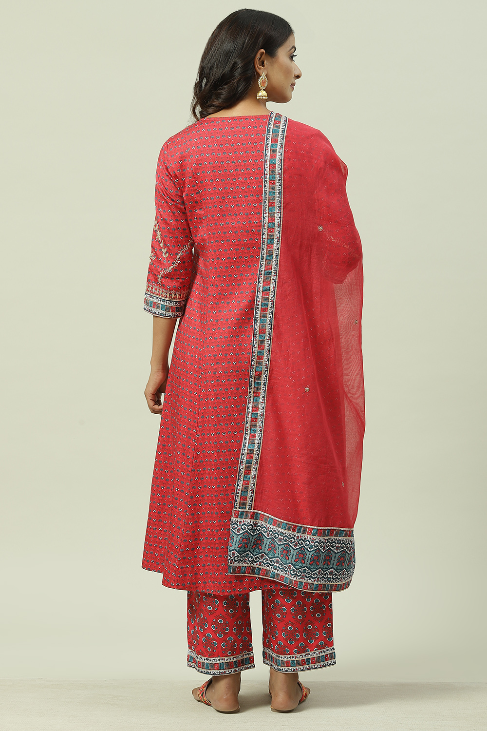 Coral Cotton Kalidar Kurta Narrow Palazzo Suit Set image number 4