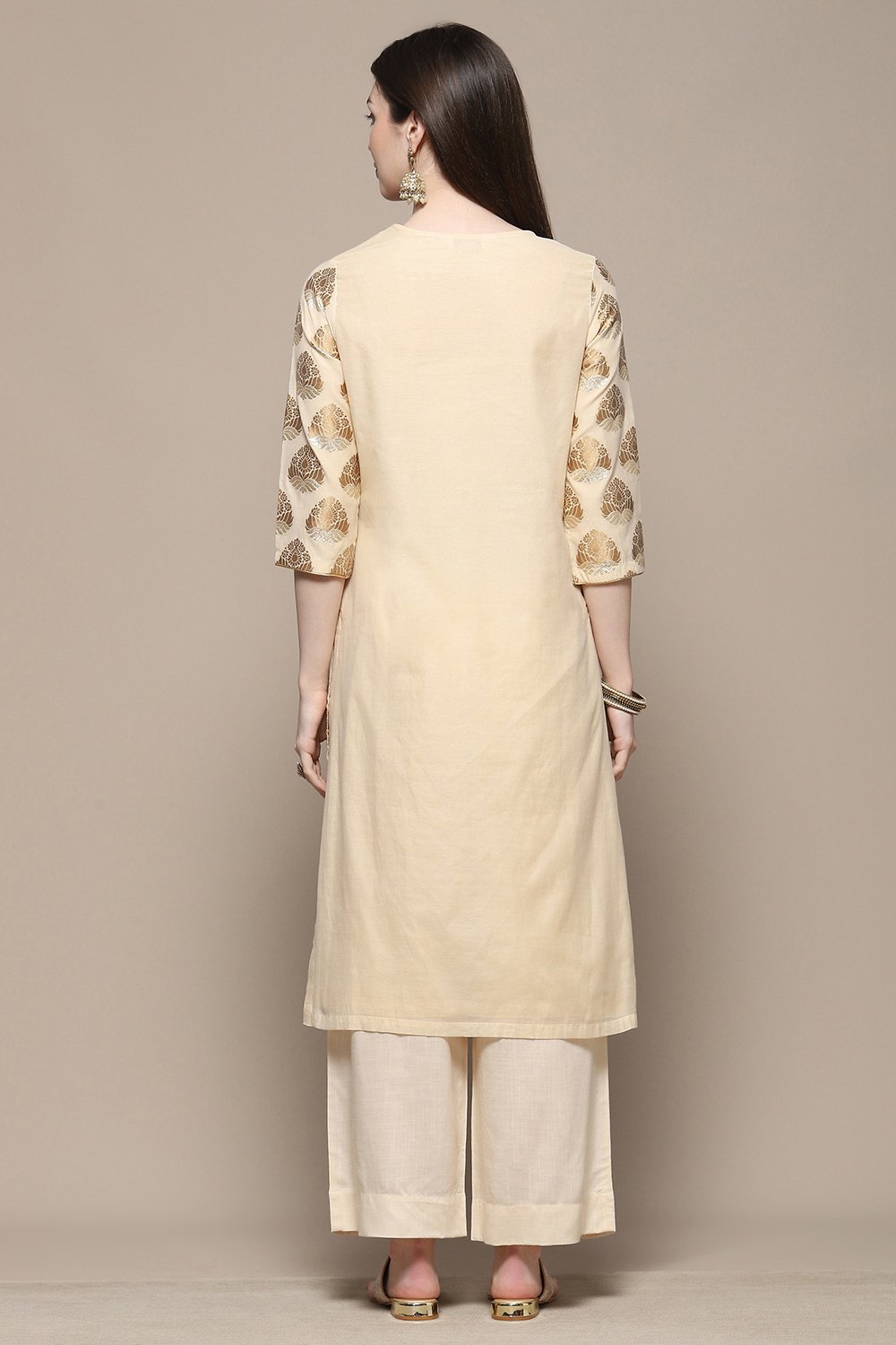 Off White Polyester Straight Kurta image number 3