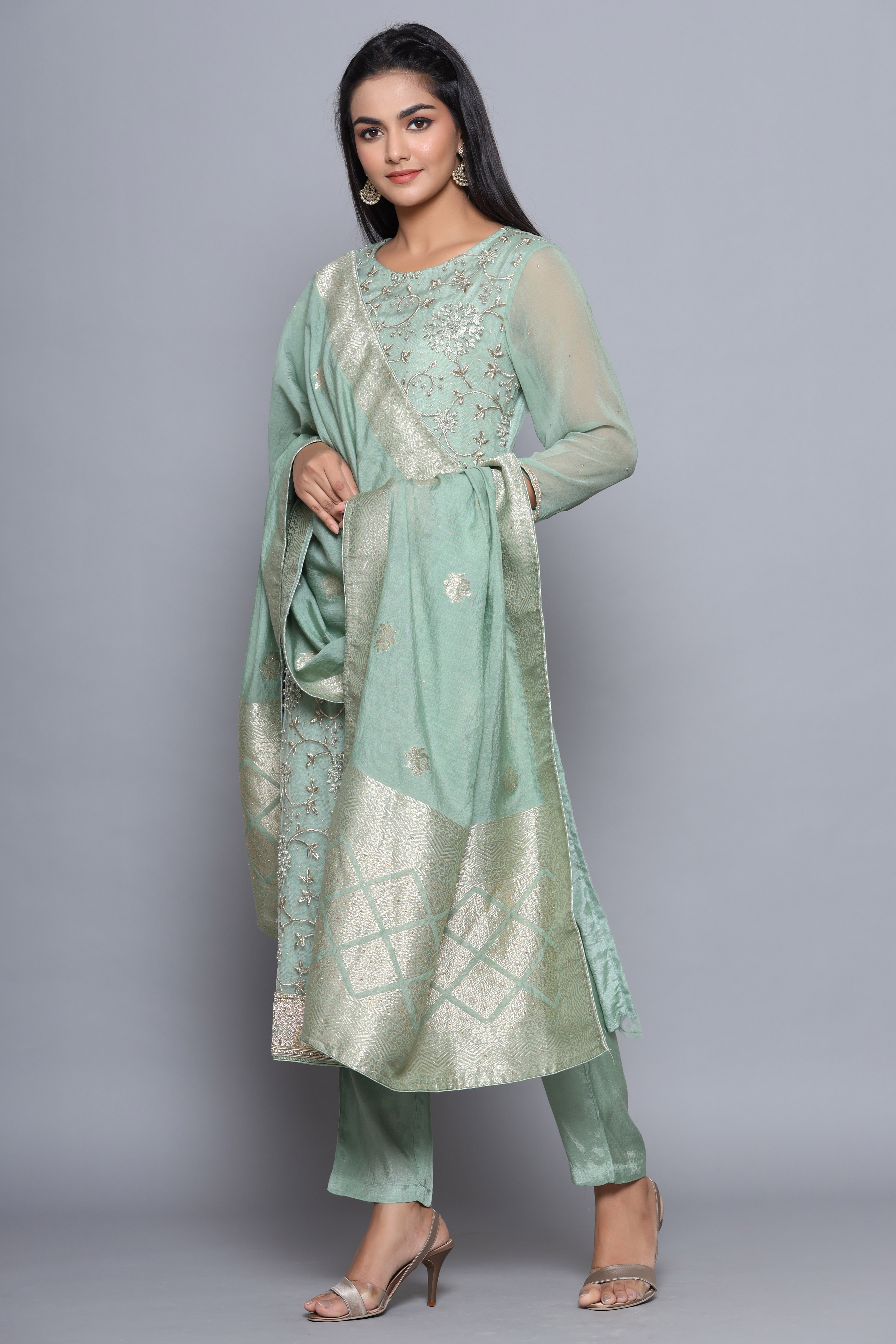 Pista Green Fancy NetÂ  Easy Stitch Suit Set image number 2