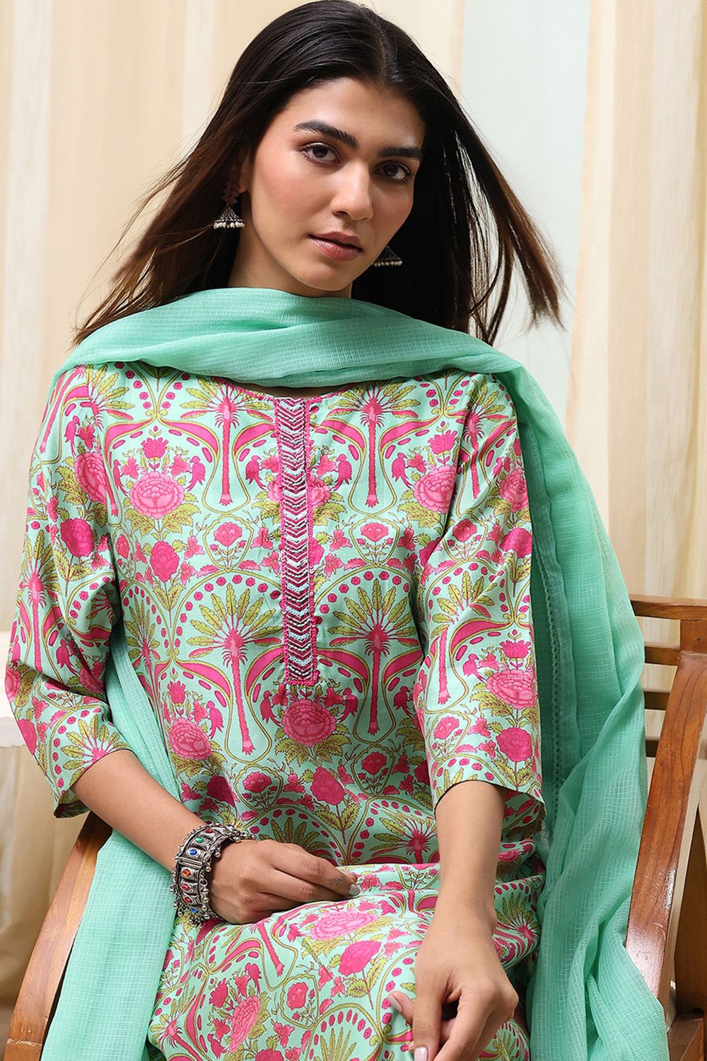 Sea Green Viscose Rayon Straight Suit Set image number 0