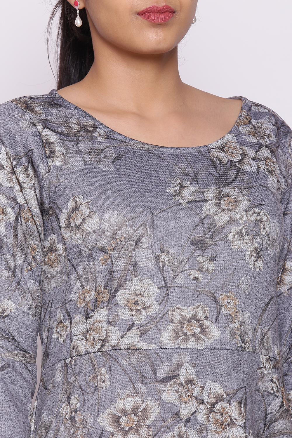 Grey Floral Winter Printed Dress image number 1