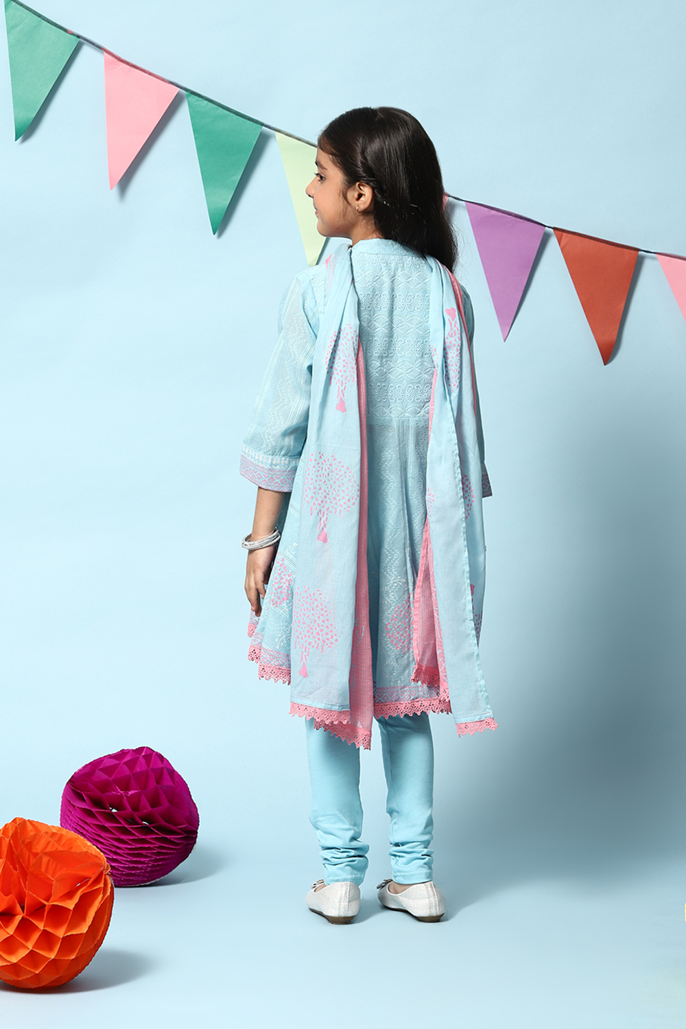 Powder Blue Cotton Asymmetric Kurta Churidar Suit Set image number 4