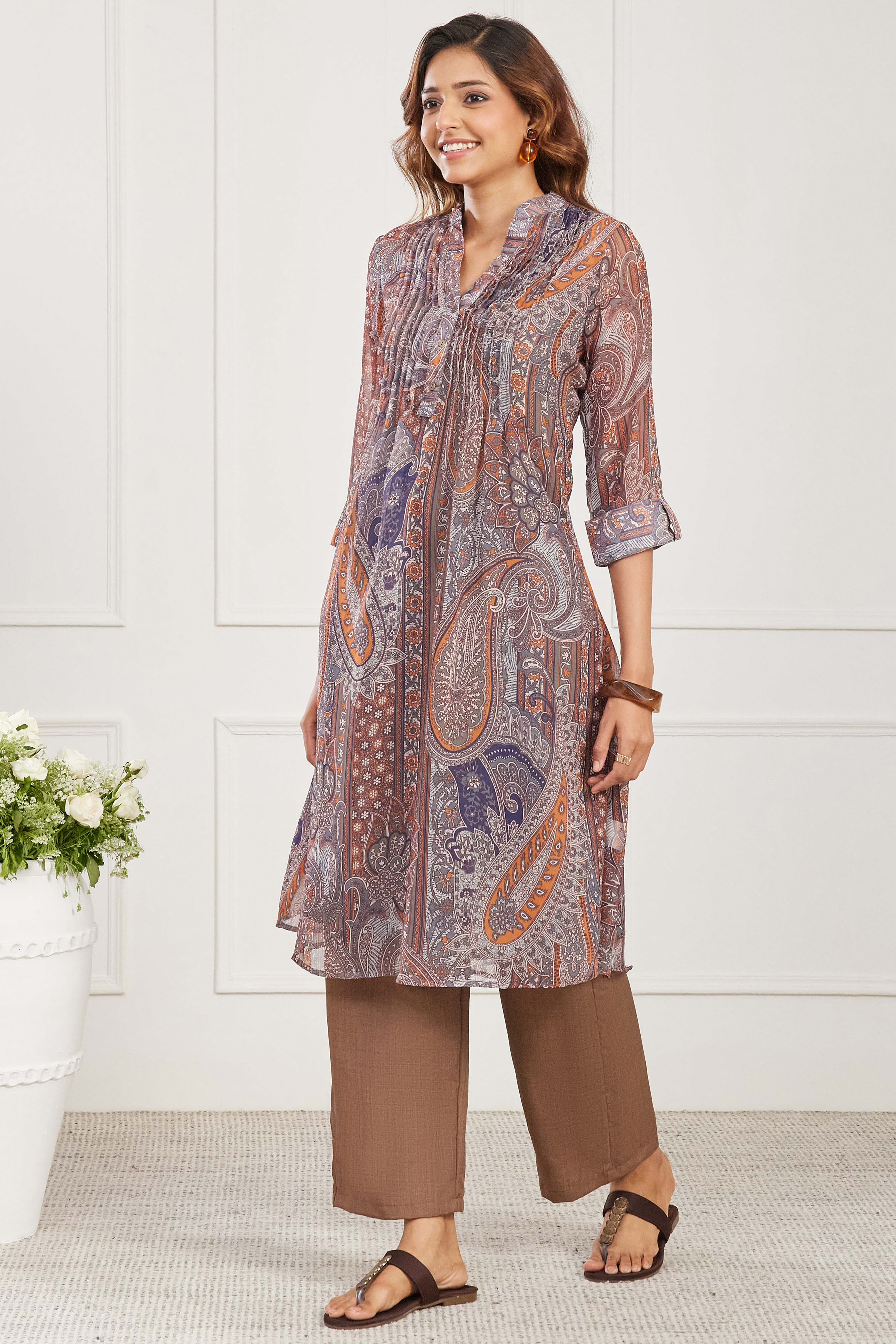 Brown Polyester Printed Straight Kurta image number 2