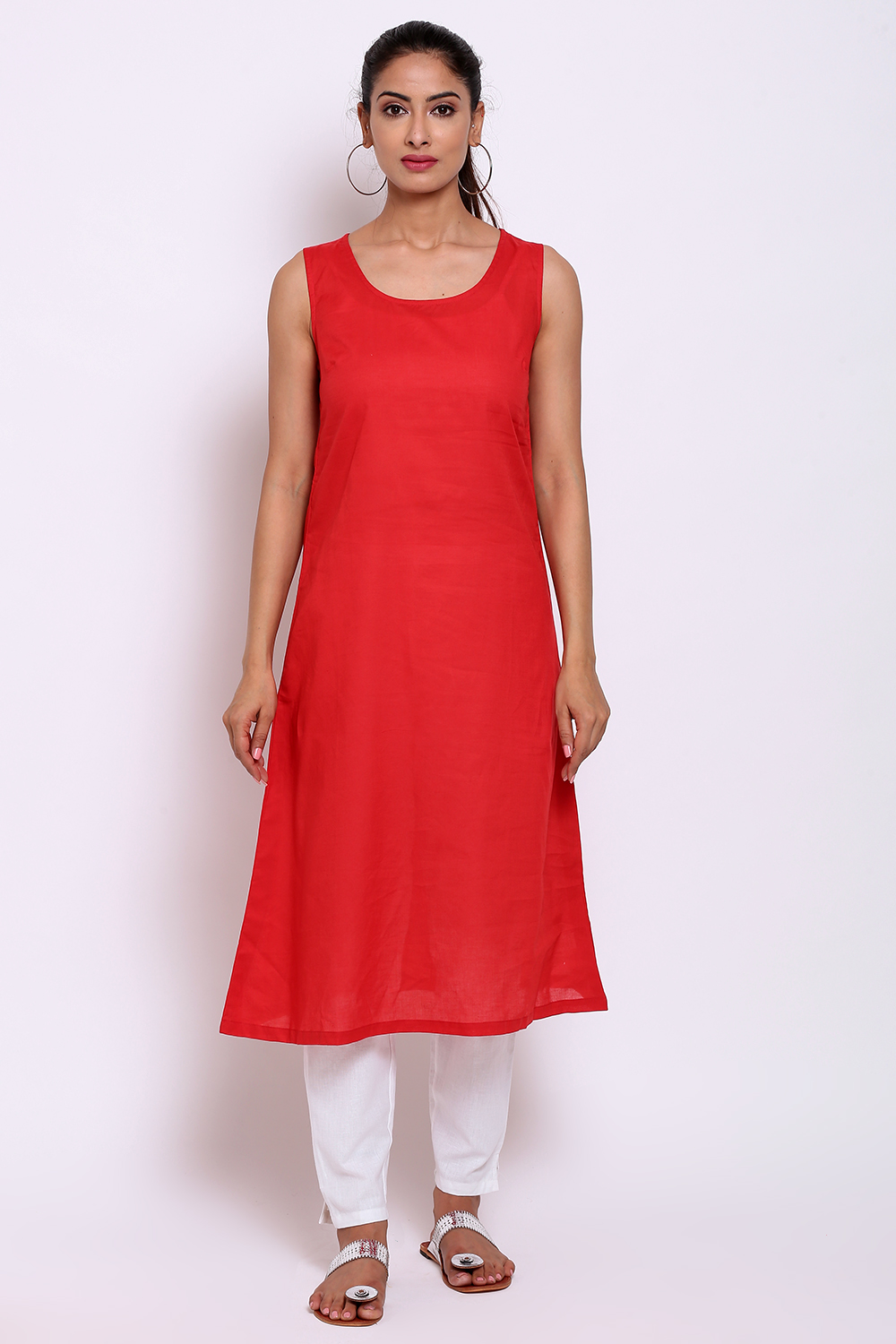 Red Cotton Double Layered Printed Kurta image number 4