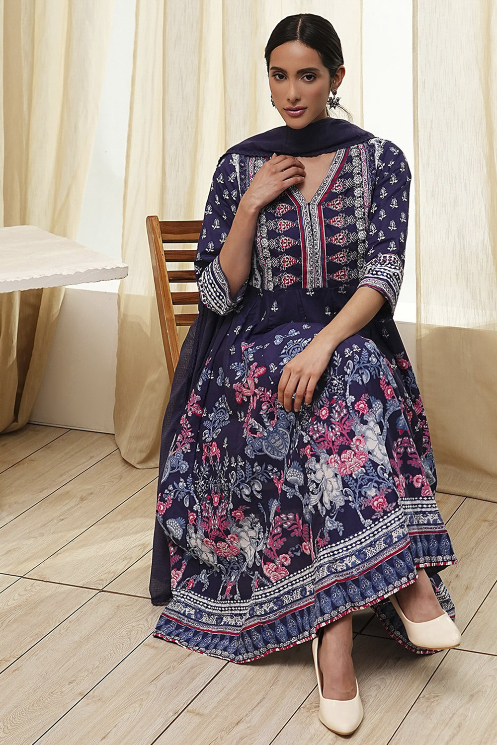 Indigo Cotton Floral Anarkali Suit Set image number 0