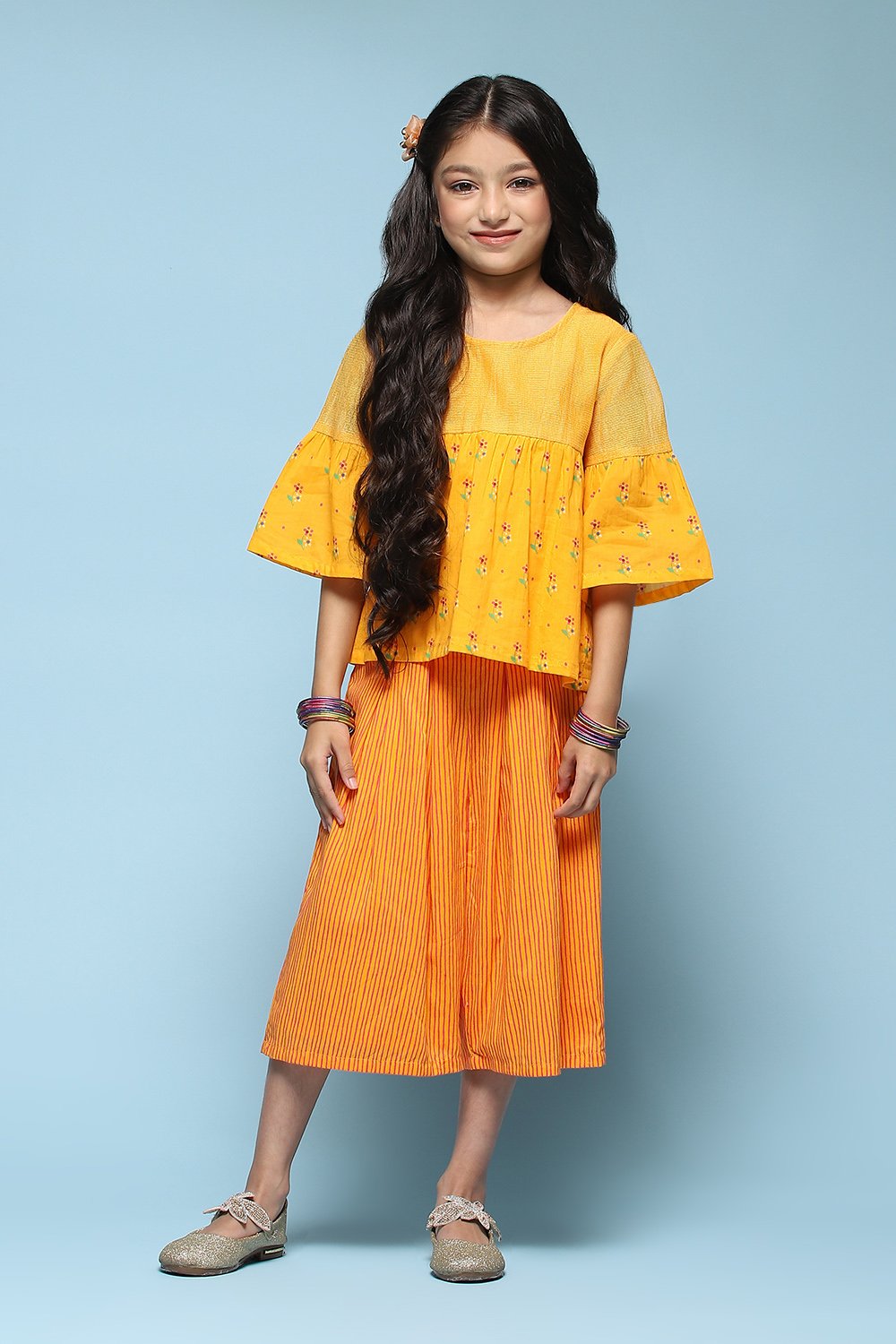 Yellow Cotton Straight Printed Kurta Set image number 6