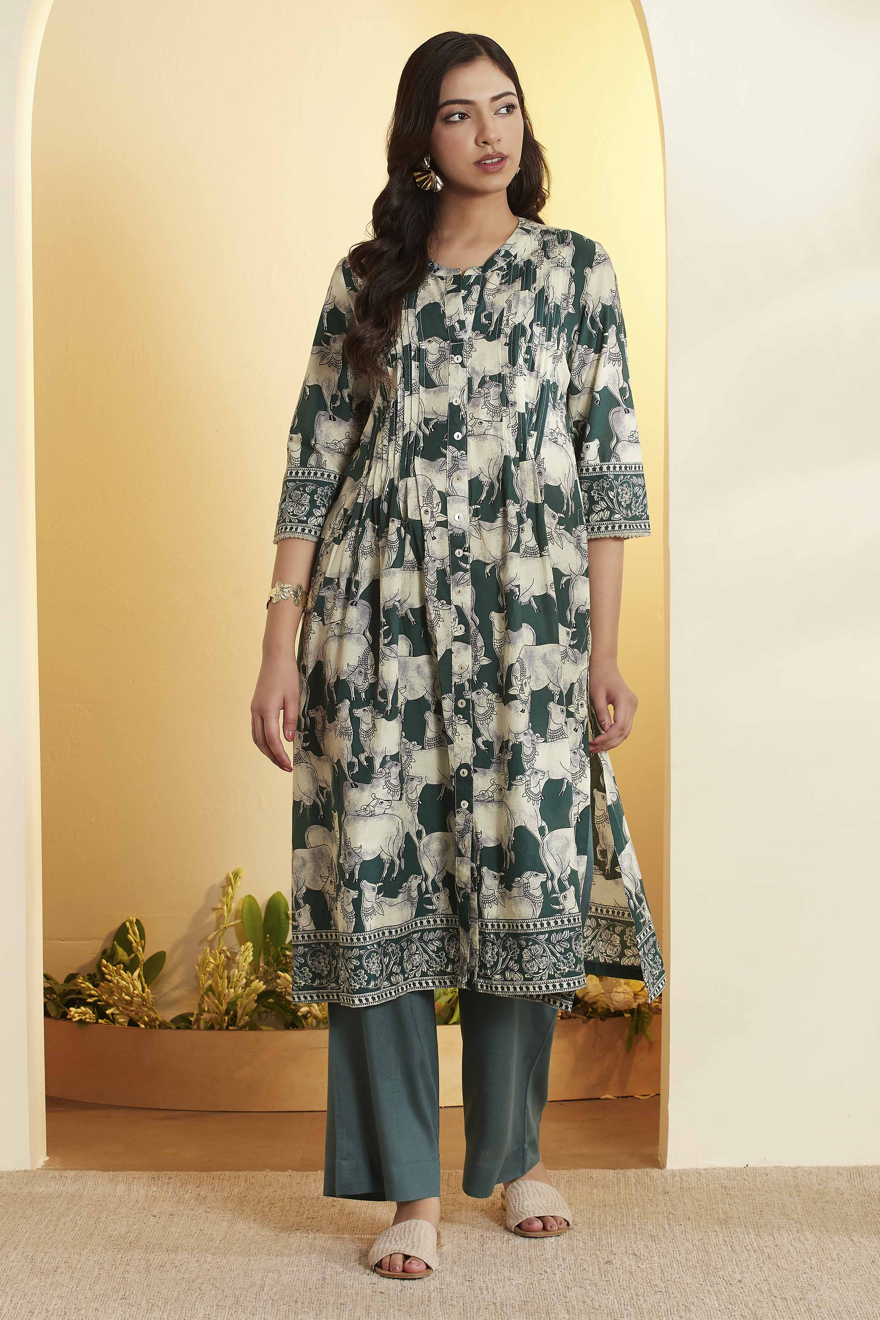 Green Cotton A-Line Kurta image number 5