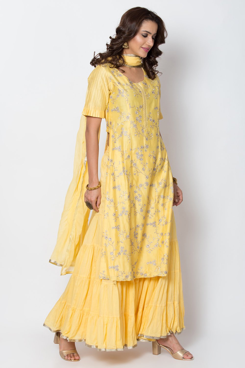 Yellow Cotton Silk Straight Kurta Garara Suit Set image number 0