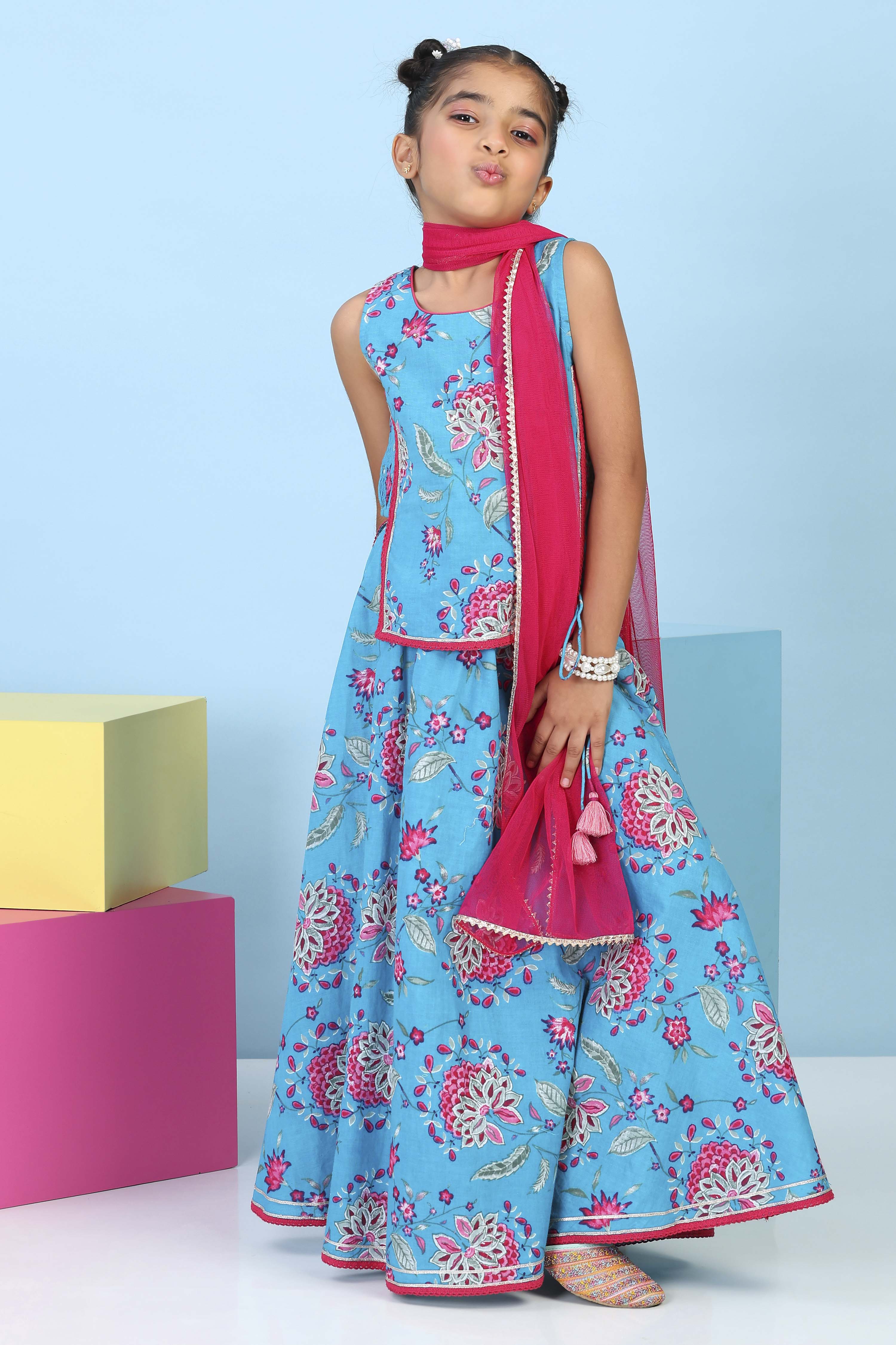 Turquoise Cotton Printed Straight Lehenga Set image number 0