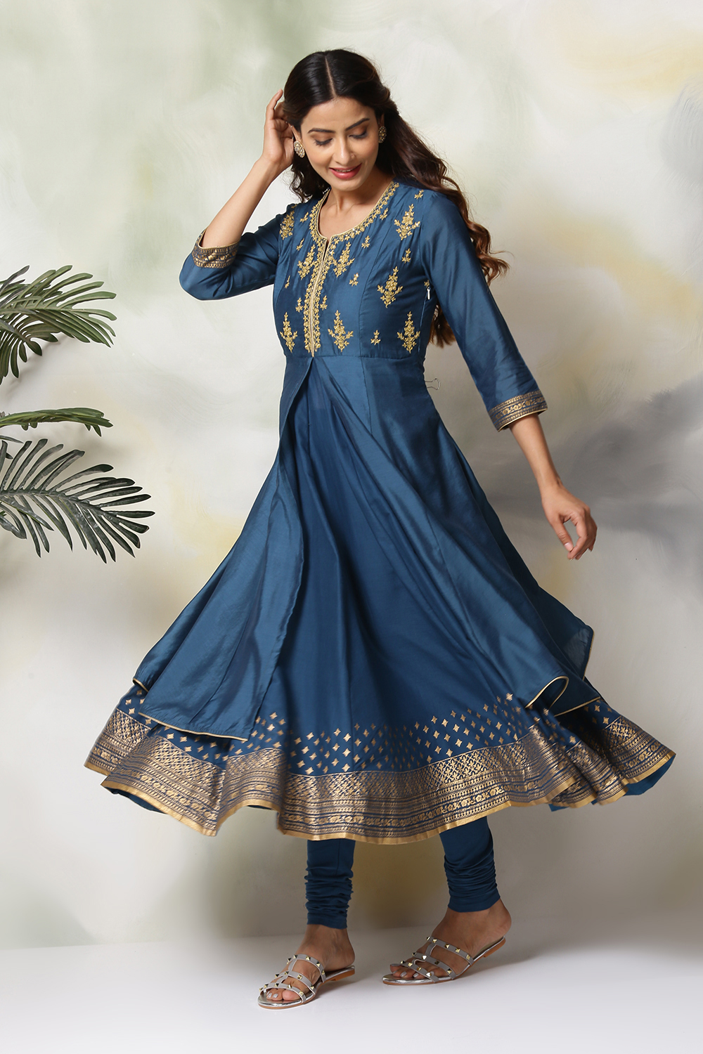 Blue Art Silk Anarkali Kurta Churidar Set image number 5