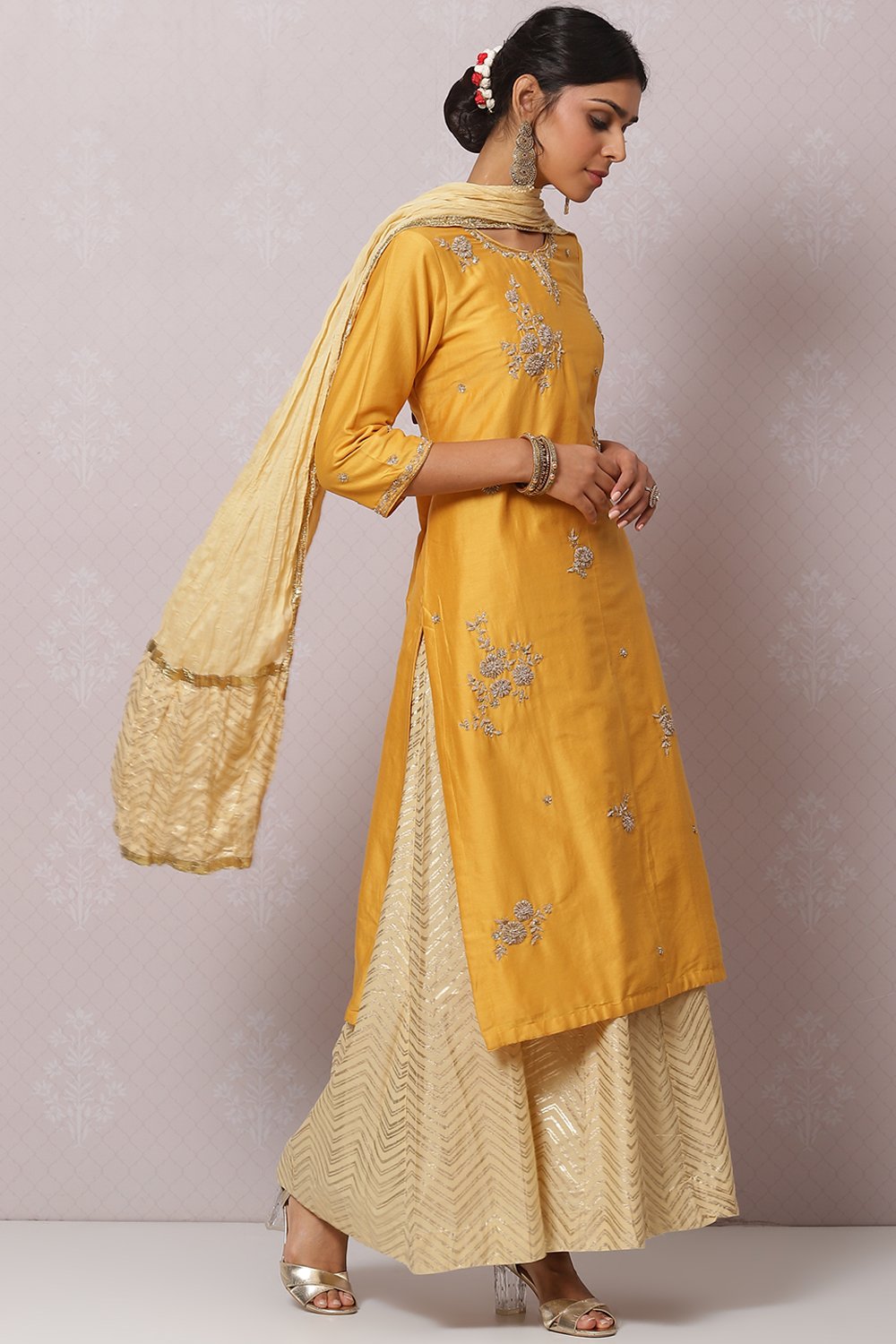 Buy Mustard Embroidered Silk Blend Straight Sharara Suit Set With Dupatta  Online at Rs.3119