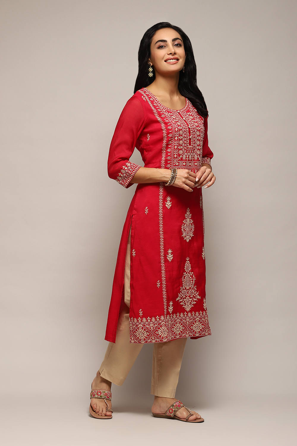 Pink Polyester Straight Yarndyed Kurta image number 3