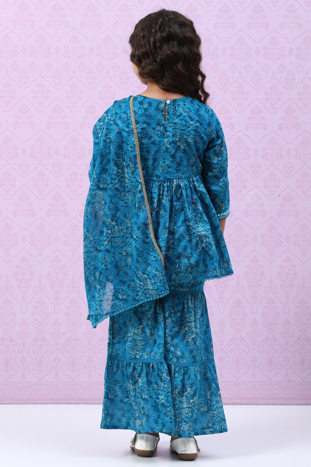 Teal Blue Cotton Flared Kurta Garara Suit Set image number 5